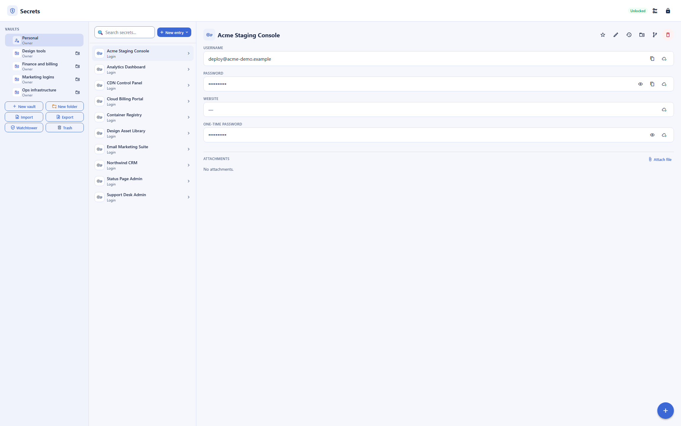 Backbuild Secrets vault browser as a 1Password alternative: a vault rail with a Personal vault and named team vaults, import, export, and Watchtower controls, a list of saved logins, and an open login showing username, hidden password, website, and one-time password fields