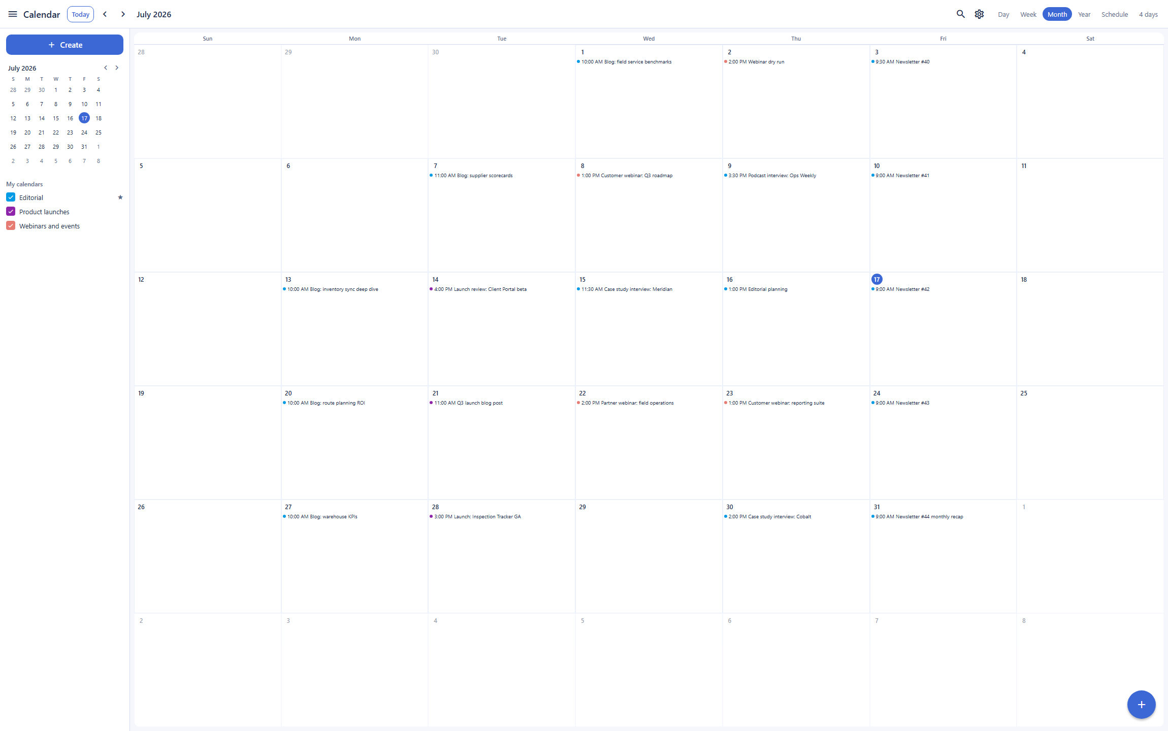Backbuild Calendar month layout, the Airtable alternative calendar surface, showing editorial, webinar, and product launch calendars with scheduled blog, webinar, newsletter, and interview events