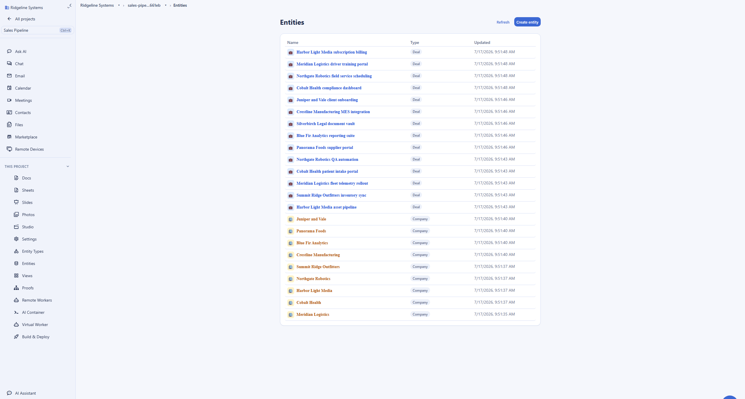 Backbuild entities list in an Airtable alternative sales pipeline: Deal and Company records of two custom entity types, each row rendered by its type's icon template with a type pill