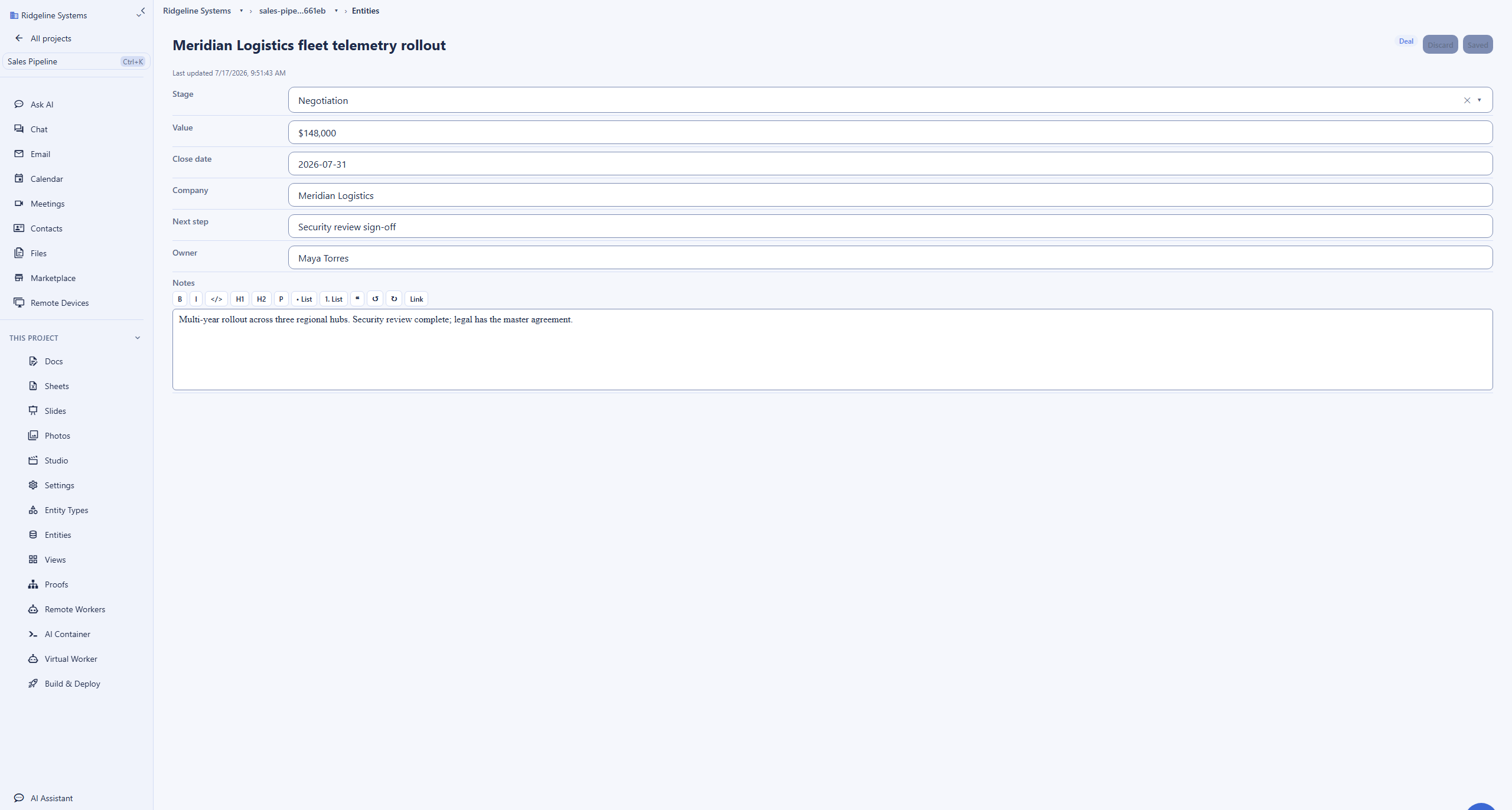 A Backbuild Deal record open in the entity editor, the Airtable alternative record form, with stage, value, close date, company, and notes fields rendered as a validated form