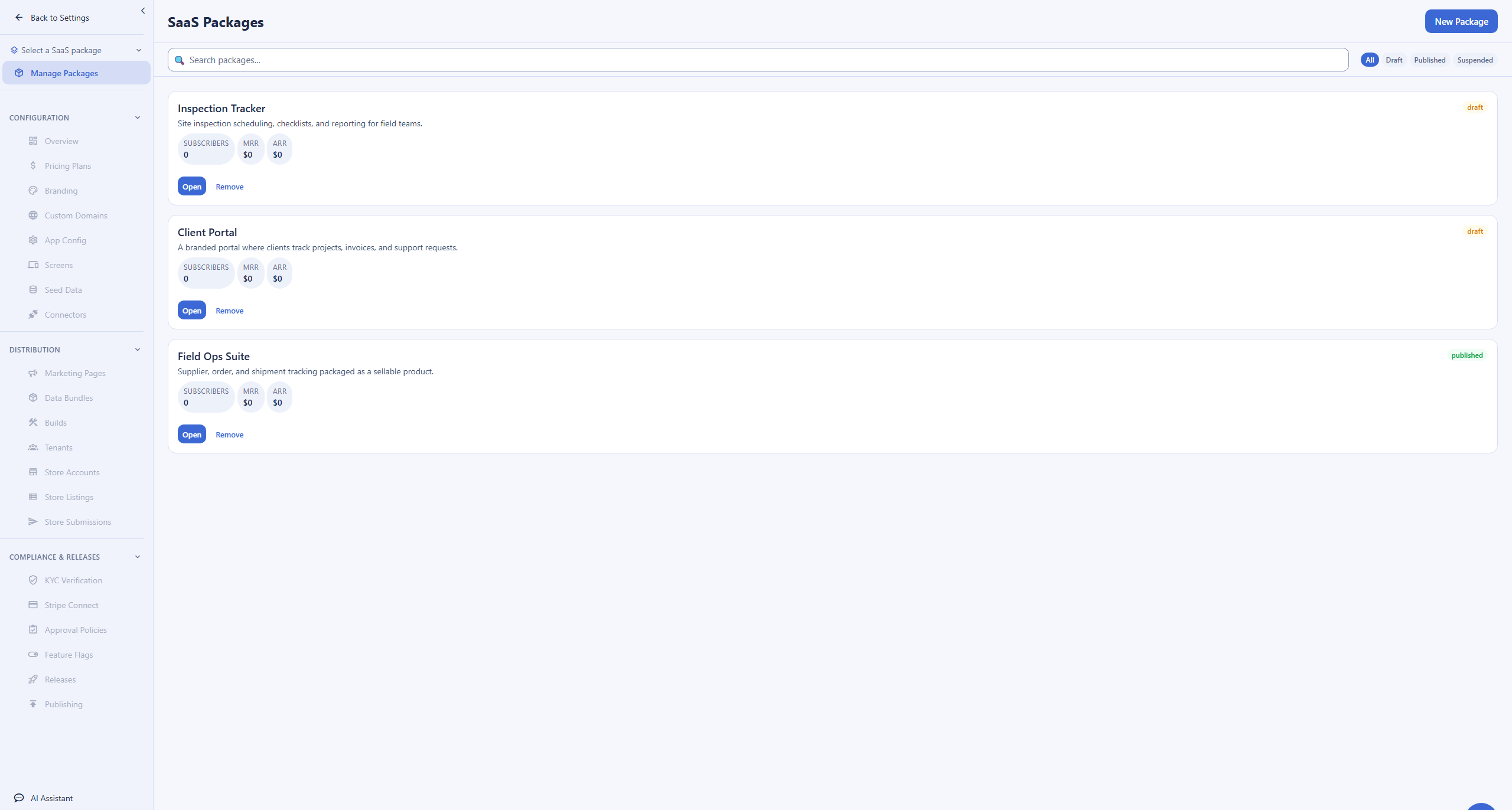 The Backbuild SaaS Builder packages screen, the Airtable alternative app-publishing surface, showing published and draft packages with subscriber and revenue counters beside sections for pricing plans, branding, custom domains, screens, seed data, connectors, marketing pages, data bundles, builds, and tenants