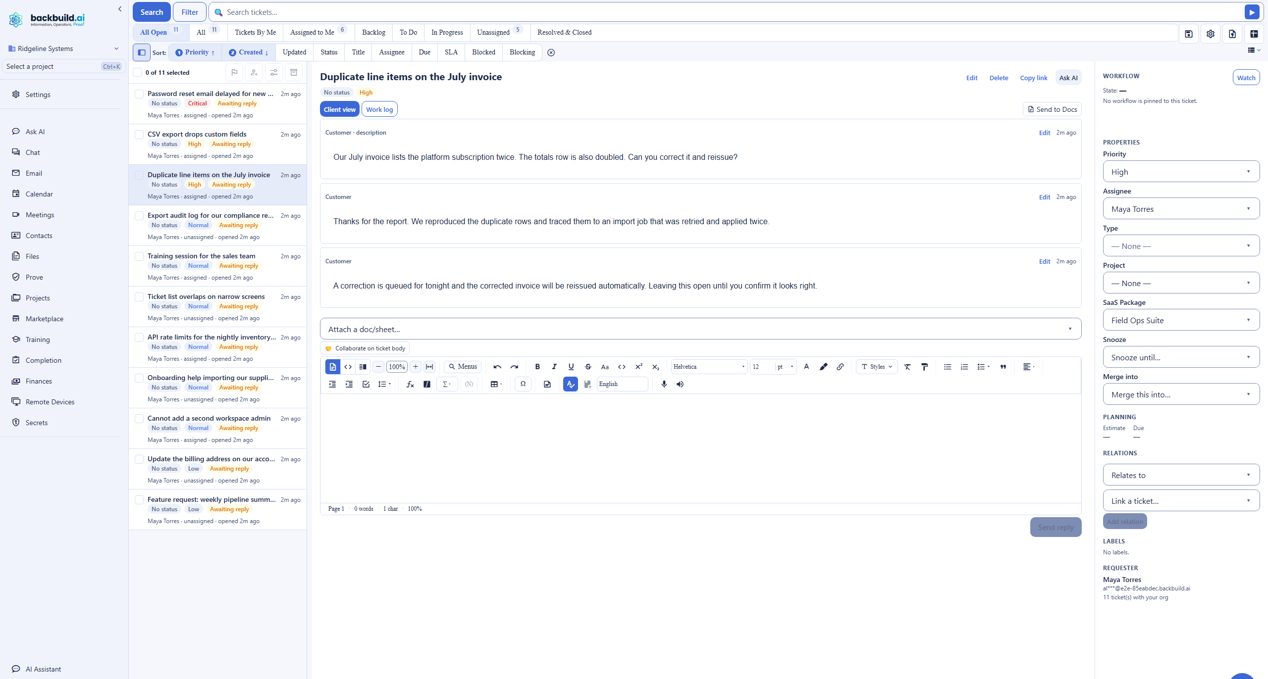 The built-in Backbuild help desk, an Airtable alternative support surface, showing saved searches, workflow state filters such as Backlog, To Do, and In Progress, a queue of prioritized assigned tickets, and an open ticket conversation