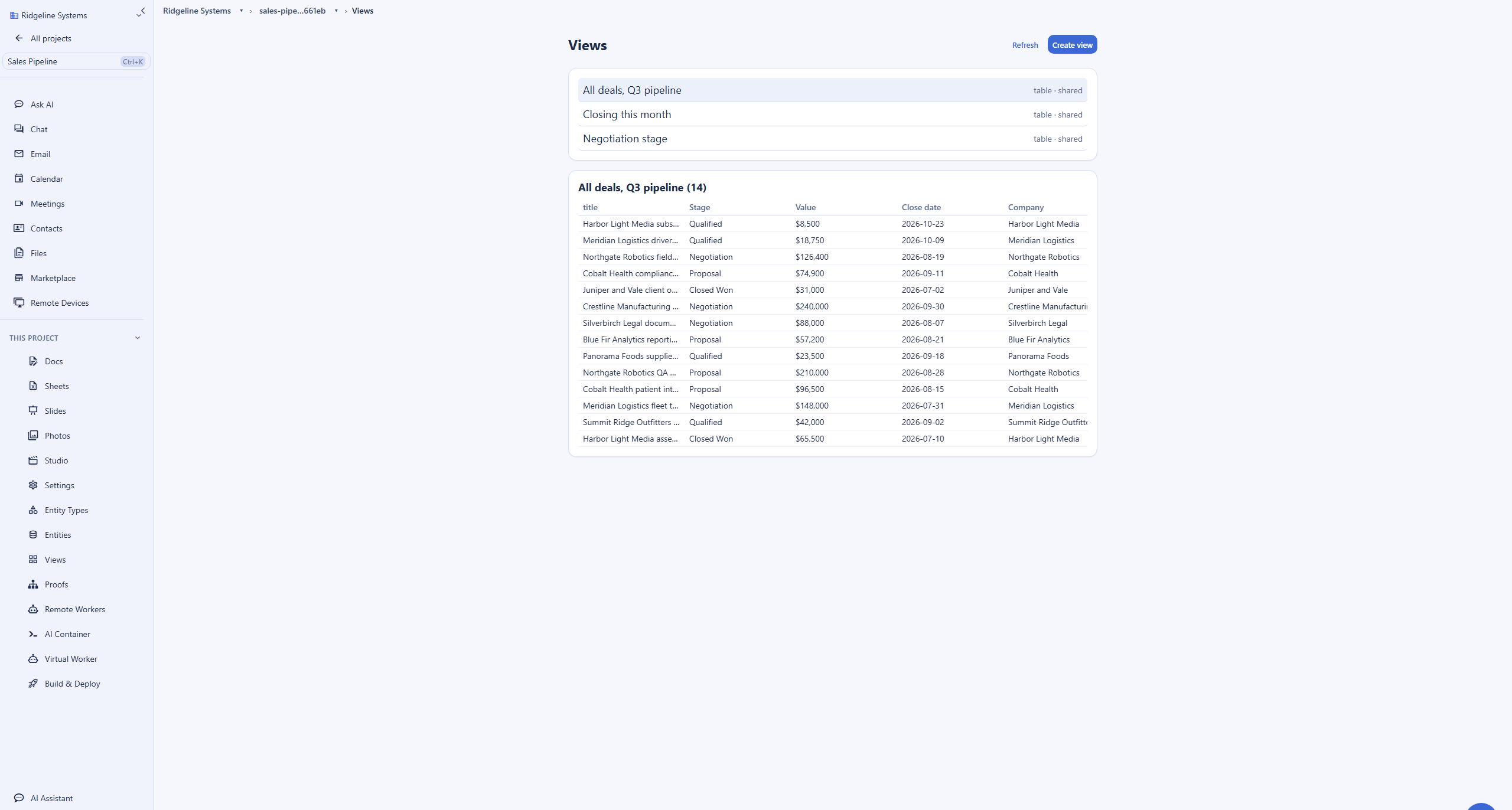 Saved Backbuild views over Deal records in an Airtable alternative pipeline, with the All deals view executed as a grid of stage, value, close date, and company columns