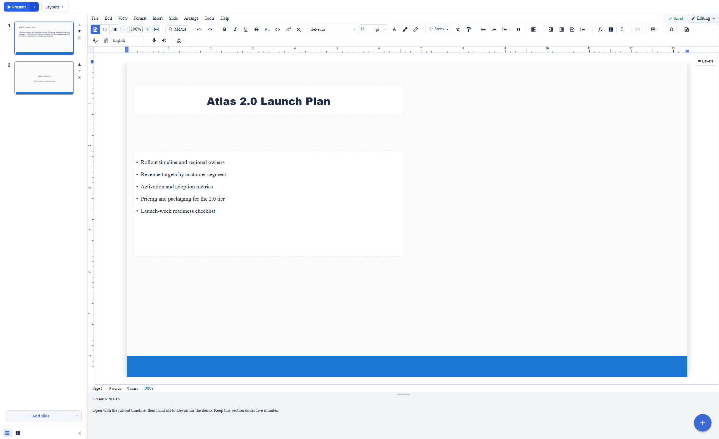 The Backbuild Slides editor, a Gamma alternative deck editor, showing a themed product launch deck title slide with a headline and an agenda of five bullet points on the 16:9 canvas, the slide browser rail, rulers, the document-grade formatting toolbar, and the speaker notes pane