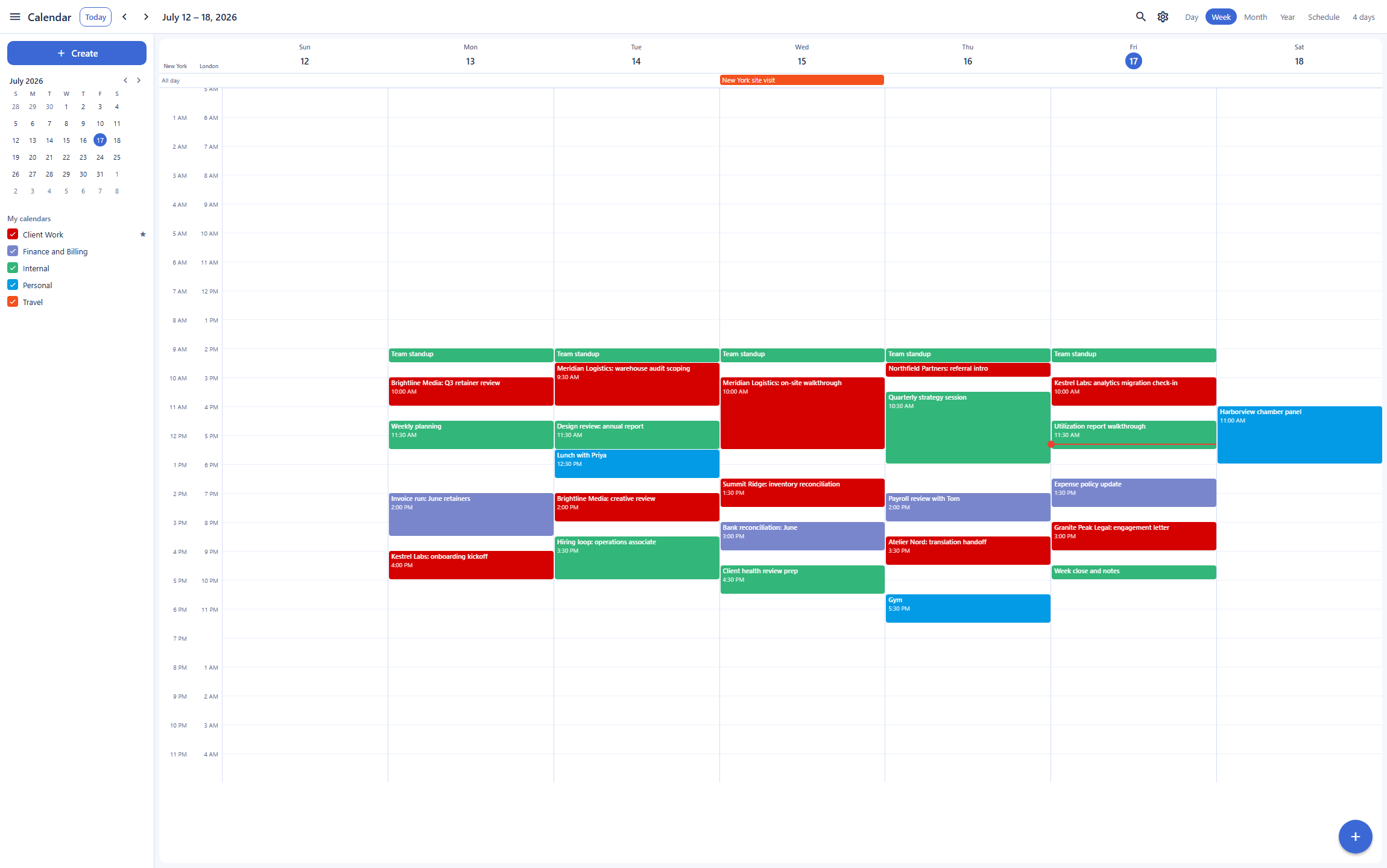 Backbuild Calendar as a Google Calendar alternative: the week view for July 12 to 18 densely booked across five color-coded calendars (Client Work, Finance and Billing, Internal, Personal, Travel), with a New York and London world-clock gutter, a mini month picker, the calendar list, and Day, Week, Month, Year, and Schedule view switches