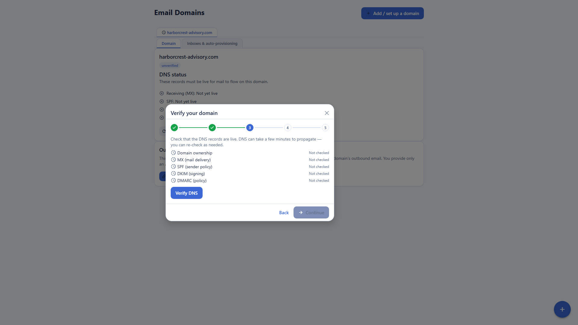 The Backbuild Mail guided domain setup wizard for free custom-domain email, on the verify step, with a progress bar of completed steps and the checklist of DNS records it verifies: domain ownership, MX, SPF, DKIM, and DMARC