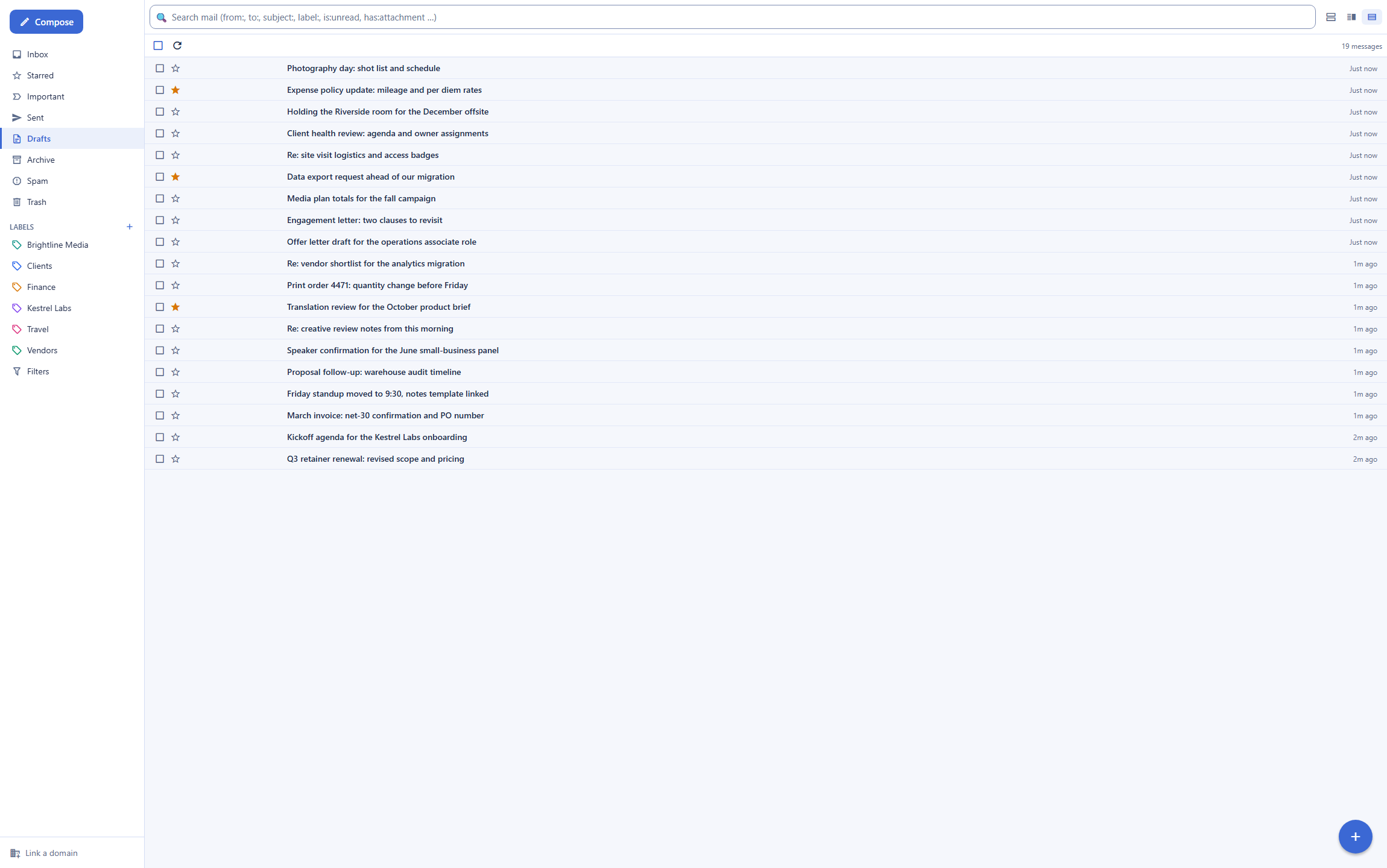 Backbuild Mail as a Proton Mail alternative: the mailbox with system folders, color-coded labels, starred messages, a full message list, and the search box with operators like from:, label:, is:unread, and has:attachment