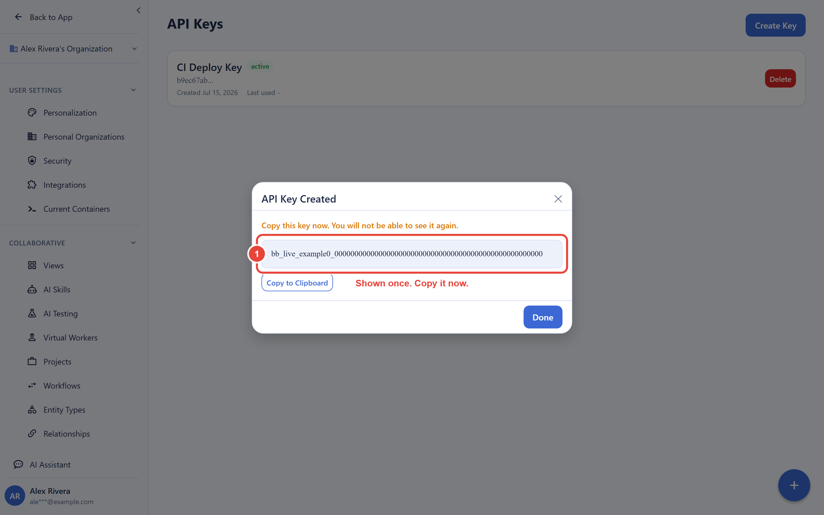 The Settings API Keys screen immediately after creating a key. The API Key Created dialog is open, warning that the key is shown only once. Callout 1 circles the full bb_live_ key value in its copy field, with a red label reading shown once, copy it now, next to a Copy to Clipboard button and a Done button.