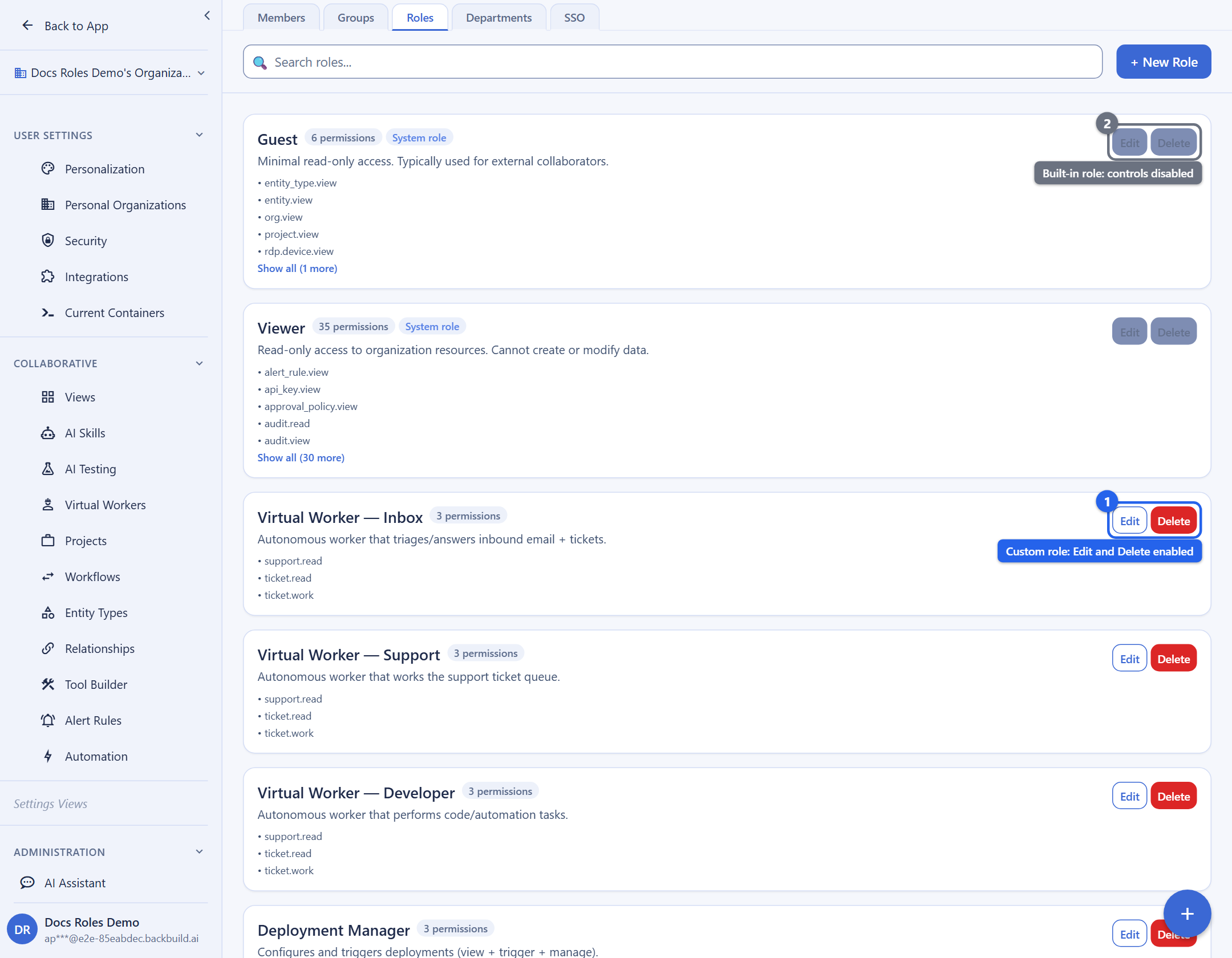 The Roles tab of the Identity and Access Management settings screen. Built-in roles such as Guest and Viewer carry a System role badge; callout 2 marks their Edit and Delete controls, which are visibly disabled. Custom roles carry no System role badge; callout 1 marks a custom role's Edit and Delete controls, which are enabled. A New Role button sits at the top right.