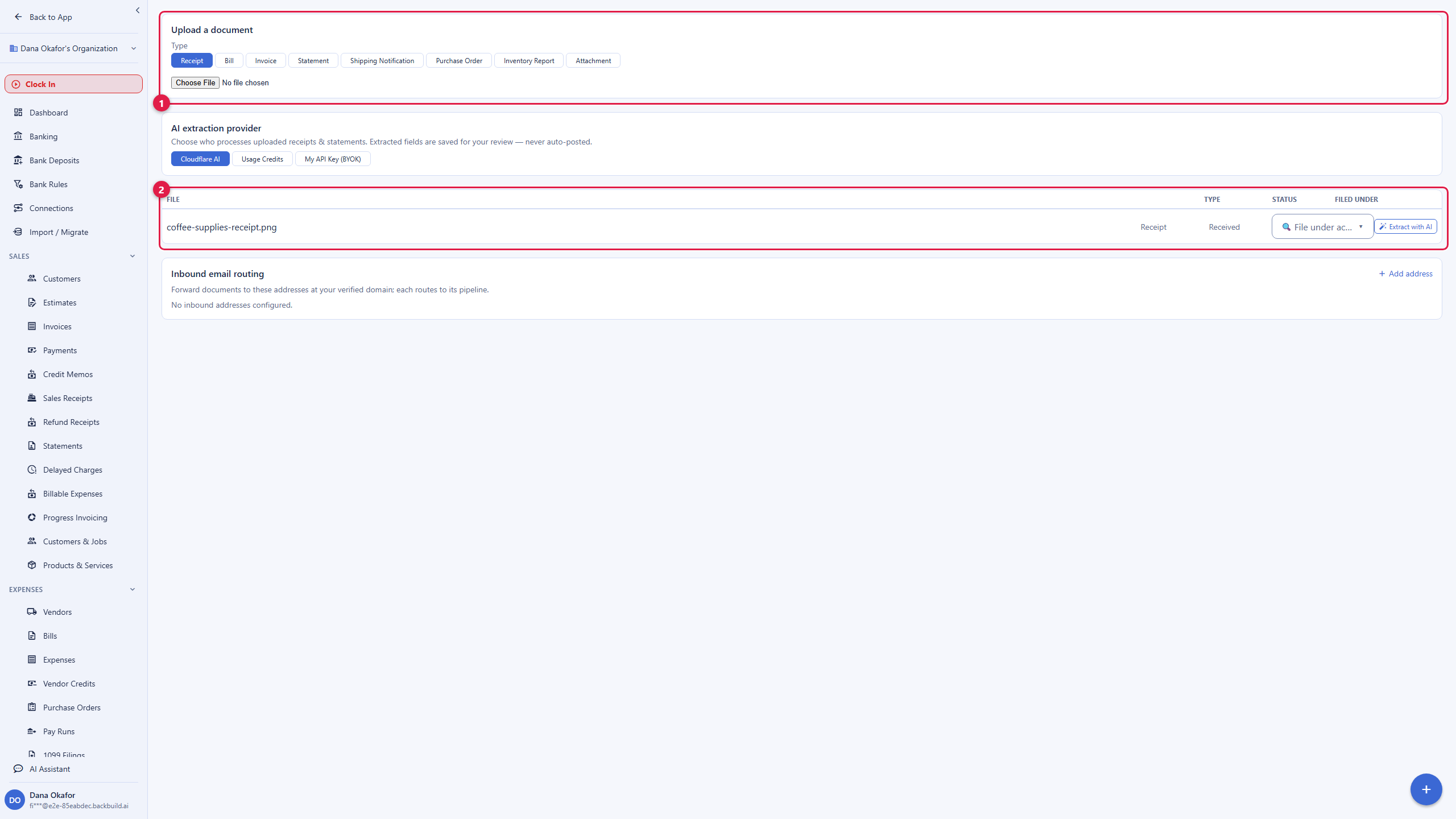 The Finances Documents screen. At the top is an upload area with a document type selector offering Receipt, Bill, Invoice, Statement, and more, and a Choose file control. Below, a note explains that extracted fields are saved for your review and never auto-posted. A list then shows an uploaded receipt with its type, a status of received, a filed-under account selector, and an Extract with AI action. A separate section sets up forwarding documents to addresses at your verified domain.