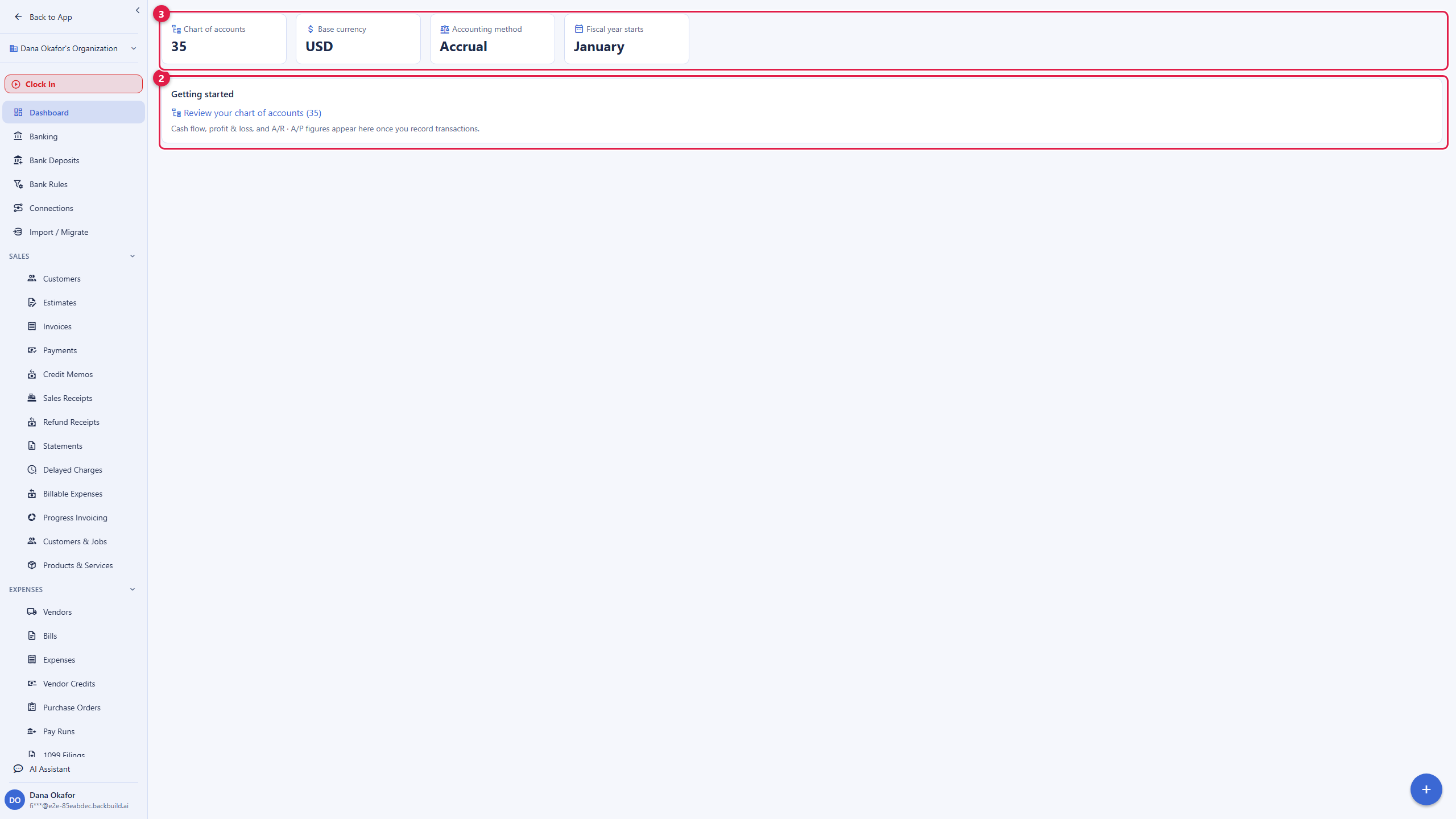 The Backbuild Finances dashboard. Down the left is the Finances sidebar with Dashboard, Banking, Bank Deposits, Bank Rules, Connections, Import and Migrate, and grouped Sales and Expenses sections. Across the top are tiles for chart of accounts, base currency in US dollars, accounting method set to accrual, and fiscal year starting in January. Below is a getting-started card that links to reviewing the chart of accounts and notes that cash flow, profit and loss, and accounts-receivable and accounts-payable figures appear once you record transactions.