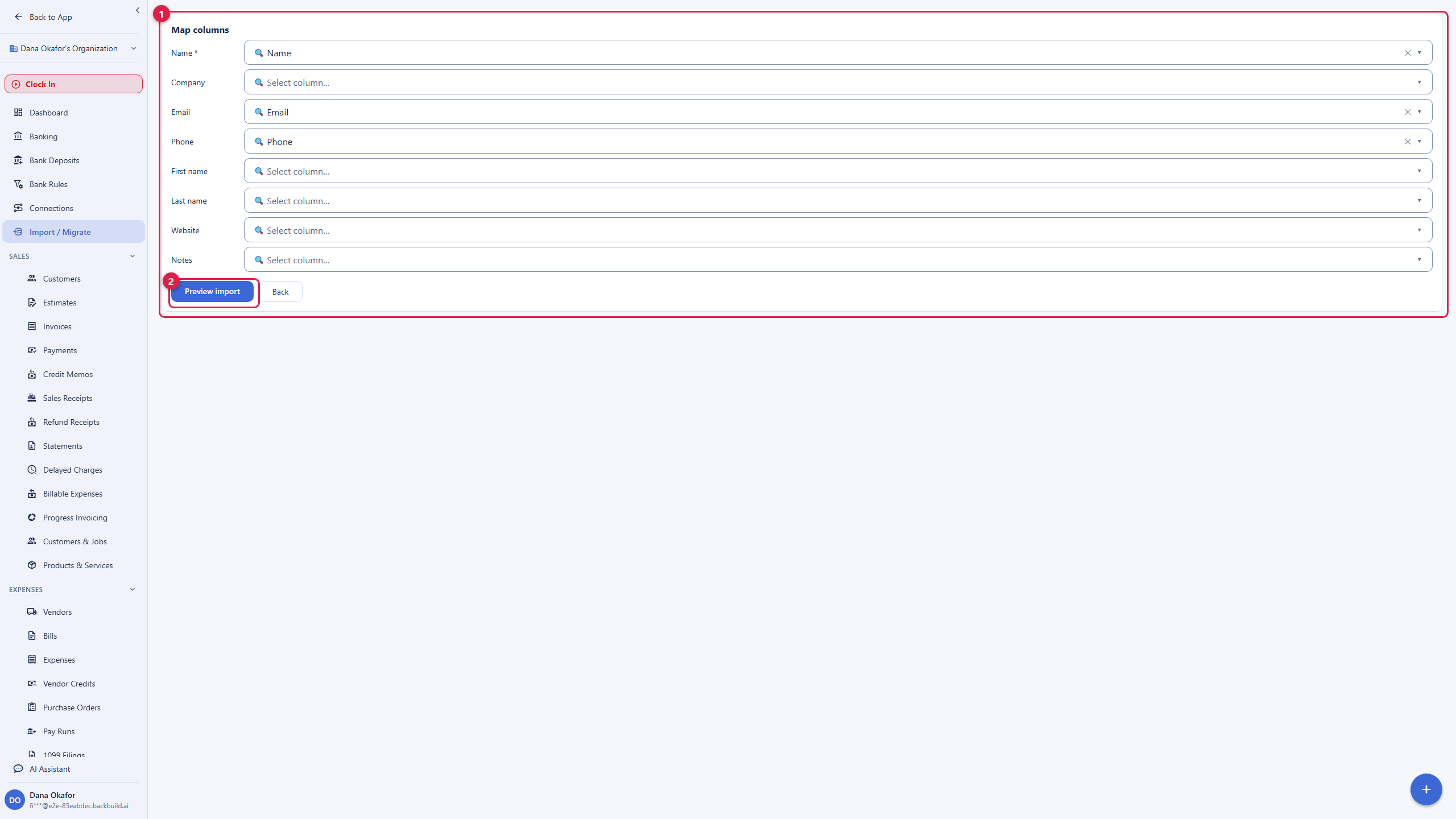 The import wizard on the Map columns step. Each Backbuild Finances field, Name, Company, Email, Phone, First name, Last name, Website, and Notes, has a selector on the right that binds it to a column from your file, with Name, Email, and Phone already matched. A Preview import button sits below, next to Back.