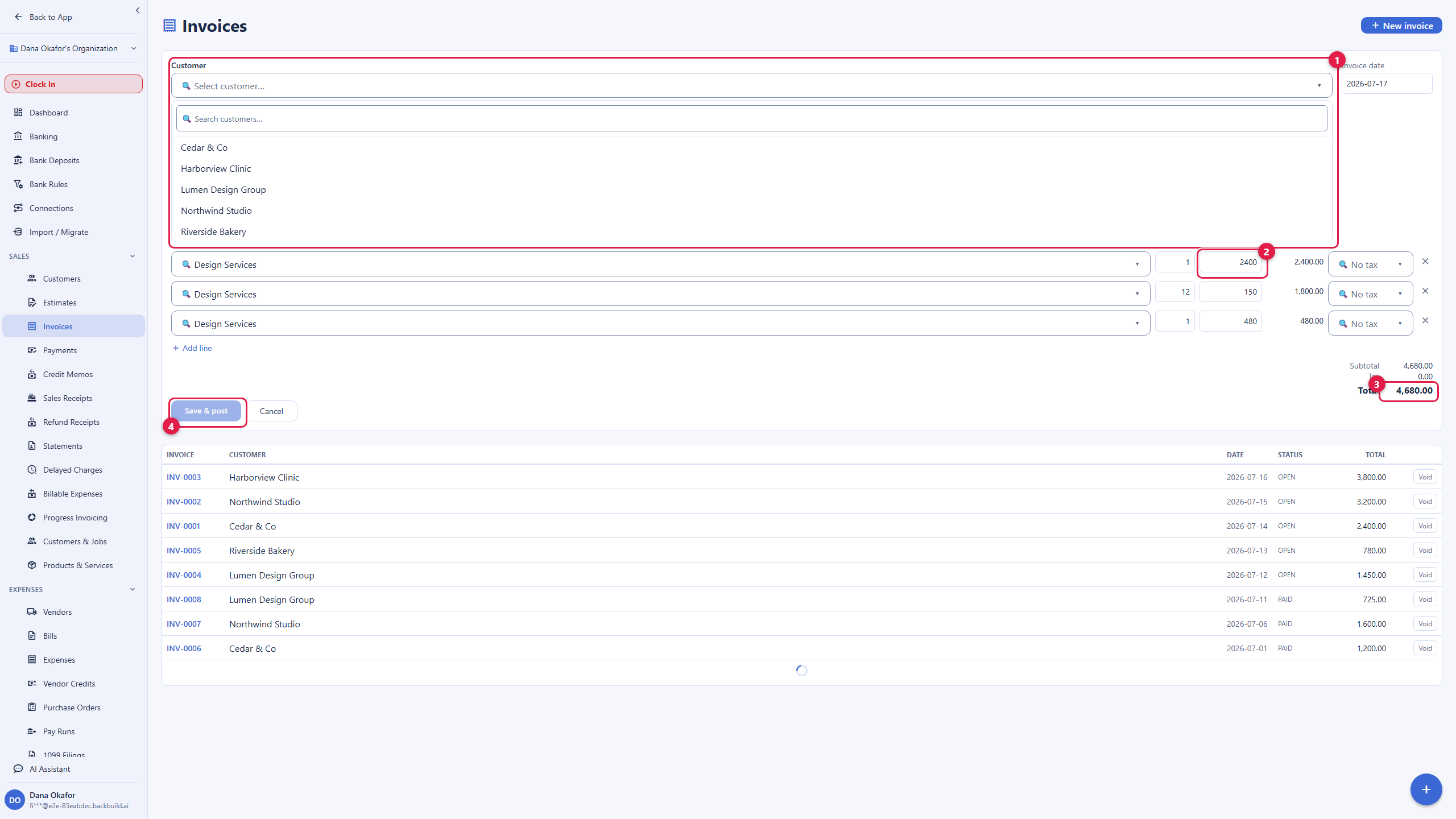 The invoice editor with a new invoice being built. The customer picker is open, listing customers to choose from: Cedar and Co, Harborview Clinic, Lumen Design Group, Northwind Studio, and Riverside Bakery. Three line items are each posted to the Design Services income account, with quantities and prices, and the totals on the right show a subtotal and a total of 4,680.00. A Save and post button sits at the bottom left. Below the form, the existing invoice list shows earlier invoices with their customer, date, status of open or paid, and amount.