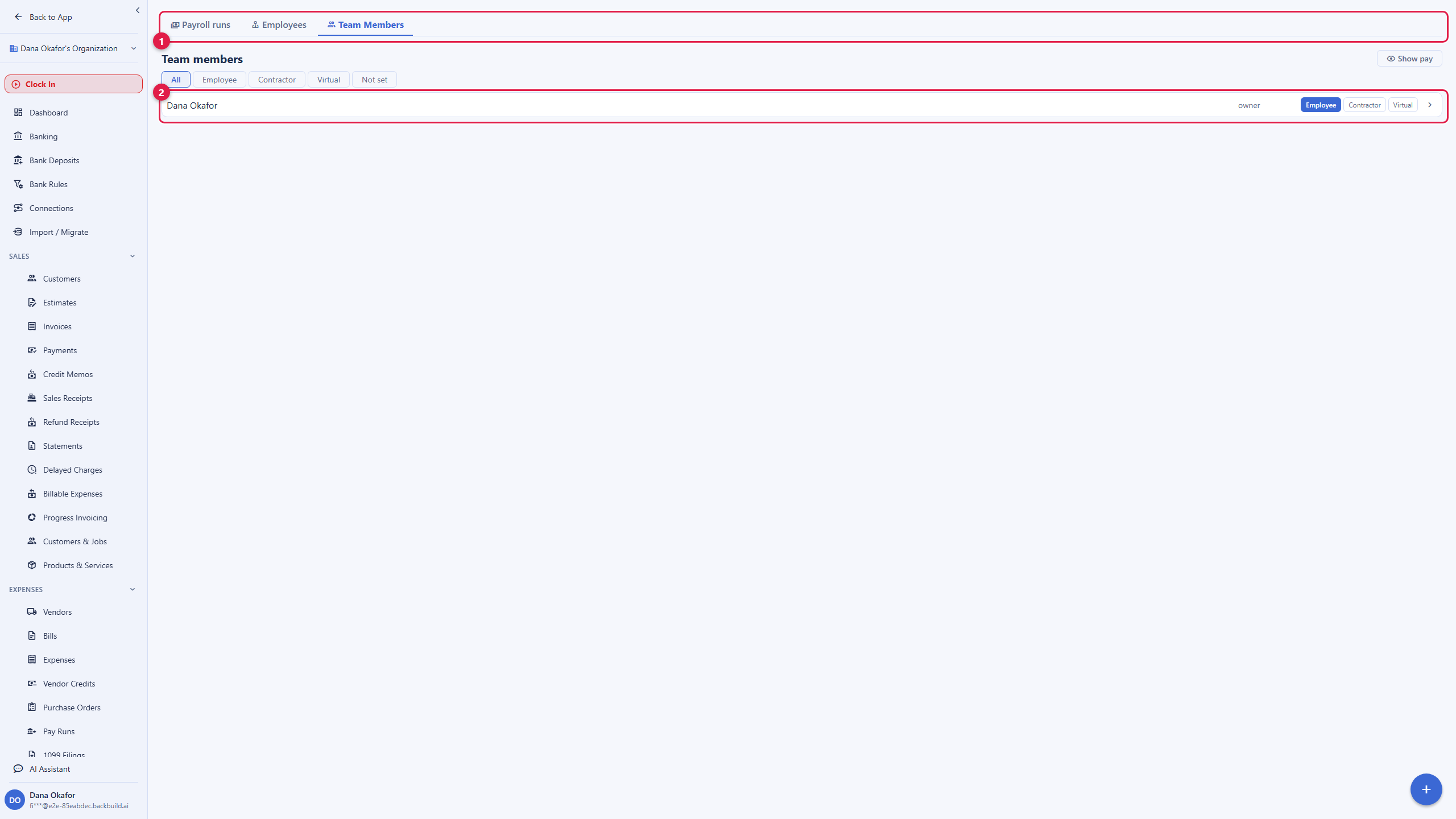 The Payroll screen on the Team Members tab, with Payroll runs and Employees tabs alongside it. A filter row offers All, Employee, Contractor, Virtual, and Not set. The roster lists an organization member, Dana Okafor, marked as owner, with an inline control to set the person as Employee, Contractor, or Virtual, the Employee option selected. A Show pay toggle in the top right keeps pay hidden until you ask for it.
