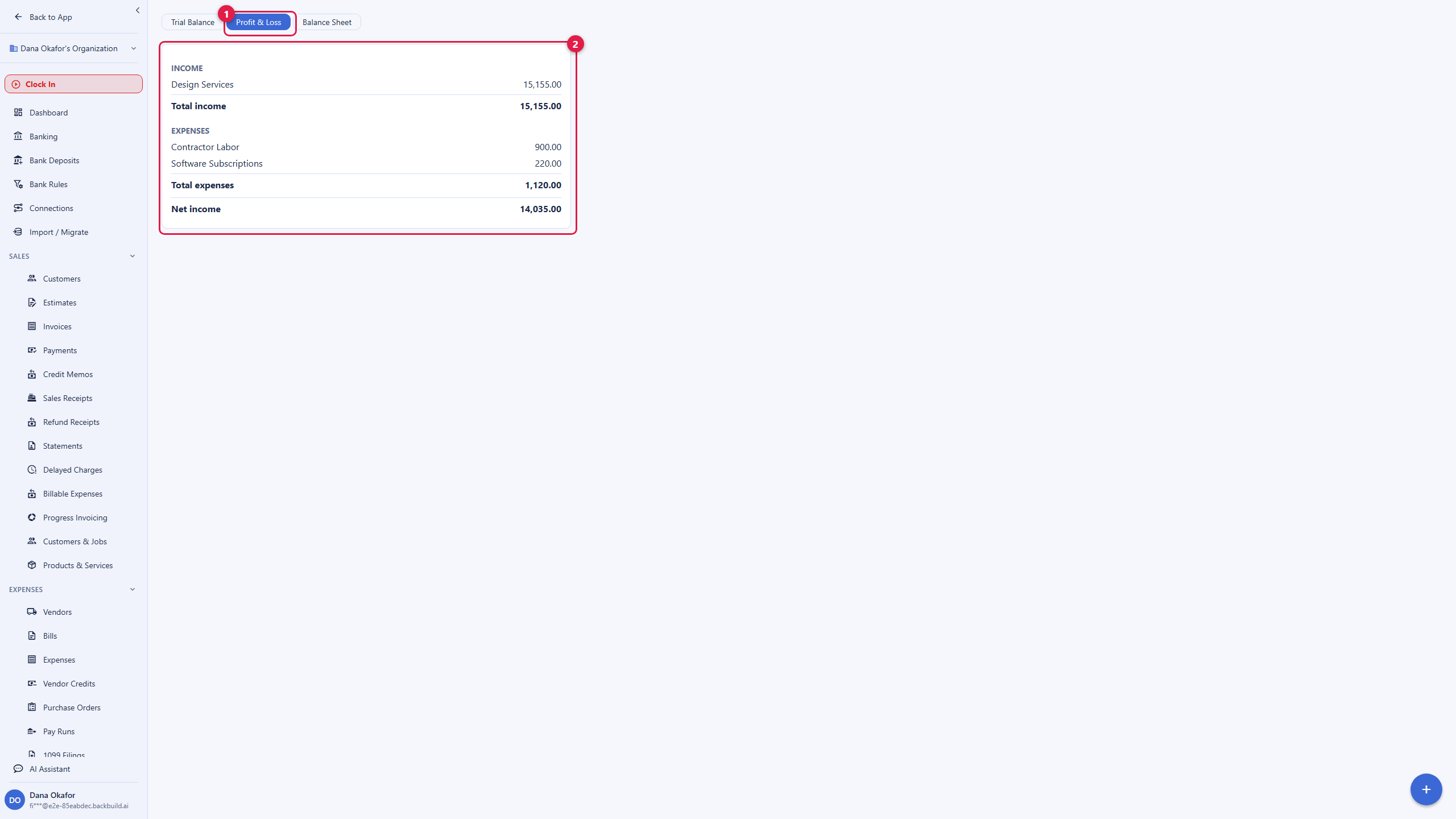 The Profit and Loss report, selected from tabs for Trial Balance, Profit and Loss, and Balance Sheet. An Income section lists Design Services at 15,155.00 with a Total income of 15,155.00. An Expenses section lists Contractor Labor at 900.00 and Software Subscriptions at 220.00 with a Total expenses of 1,120.00. A bold Net income line at the bottom reads 14,035.00. Every figure is drawn from the ledger.