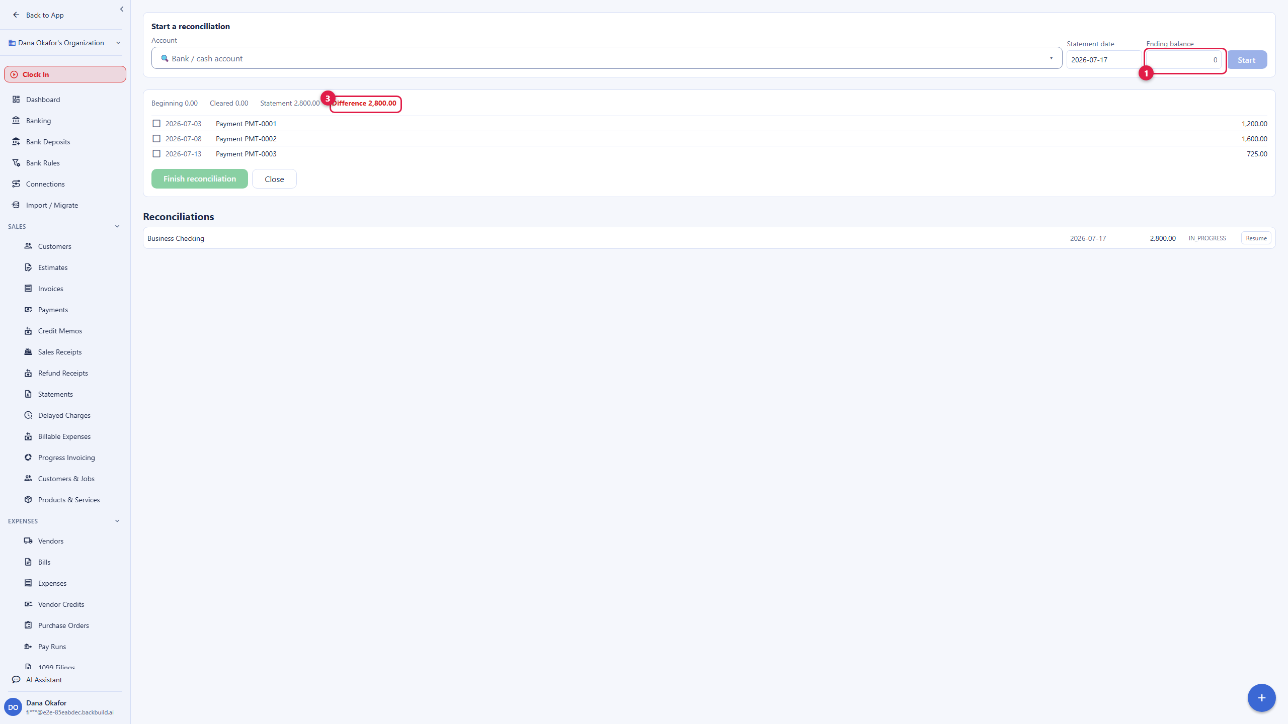 A reconciliation in progress on the Business Checking account. At the top are the account, statement date, and an ending balance field taken from the bank statement. Below, a summary line shows the beginning balance, the cleared total, the statement balance, and a running difference. Under it, deposited customer payments are listed each with a cleared checkbox, and a Finish reconciliation button waits until the difference reaches zero.