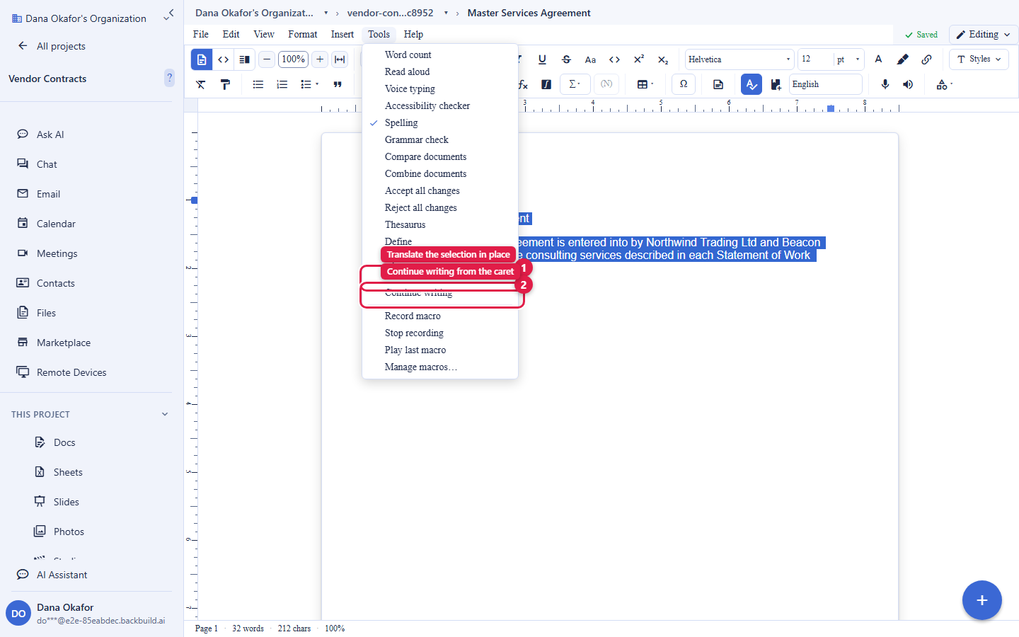 The Backbuild Docs editor with a paragraph selected and highlighted, and the Tools menu open. The Translate action is circled and labelled Translate the selection in place. The Continue writing action is circled and labelled Continue writing from the caret.