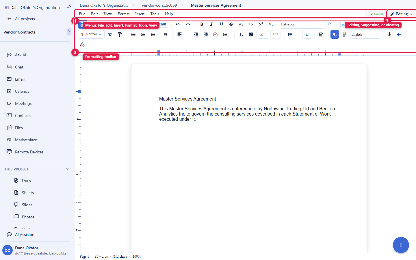 The Backbuild Docs editor open on a Master Services Agreement. Three areas are circled and numbered: 1, the menu bar with File, Edit, Insert, Format, Tools, and View; 2, the formatting toolbar below it; and 3, the access-mode selector at the top right, reading Editing, which switches between Editing, Suggesting, and Viewing.