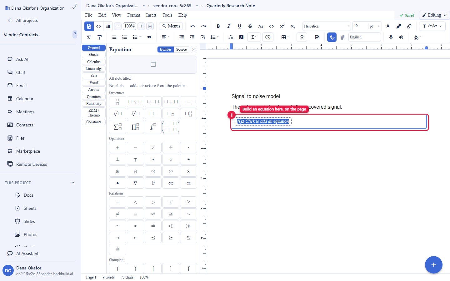 The Backbuild Docs editor with the equation builder open in a left panel titled Equation, showing category tabs (General, Greek, Calculus, Linear algebra, and more) and a grid of structures, operators, relations, and grouping symbols. In the document body, a new equation block is circled and numbered 1, labelled Build an equation here, on the page.