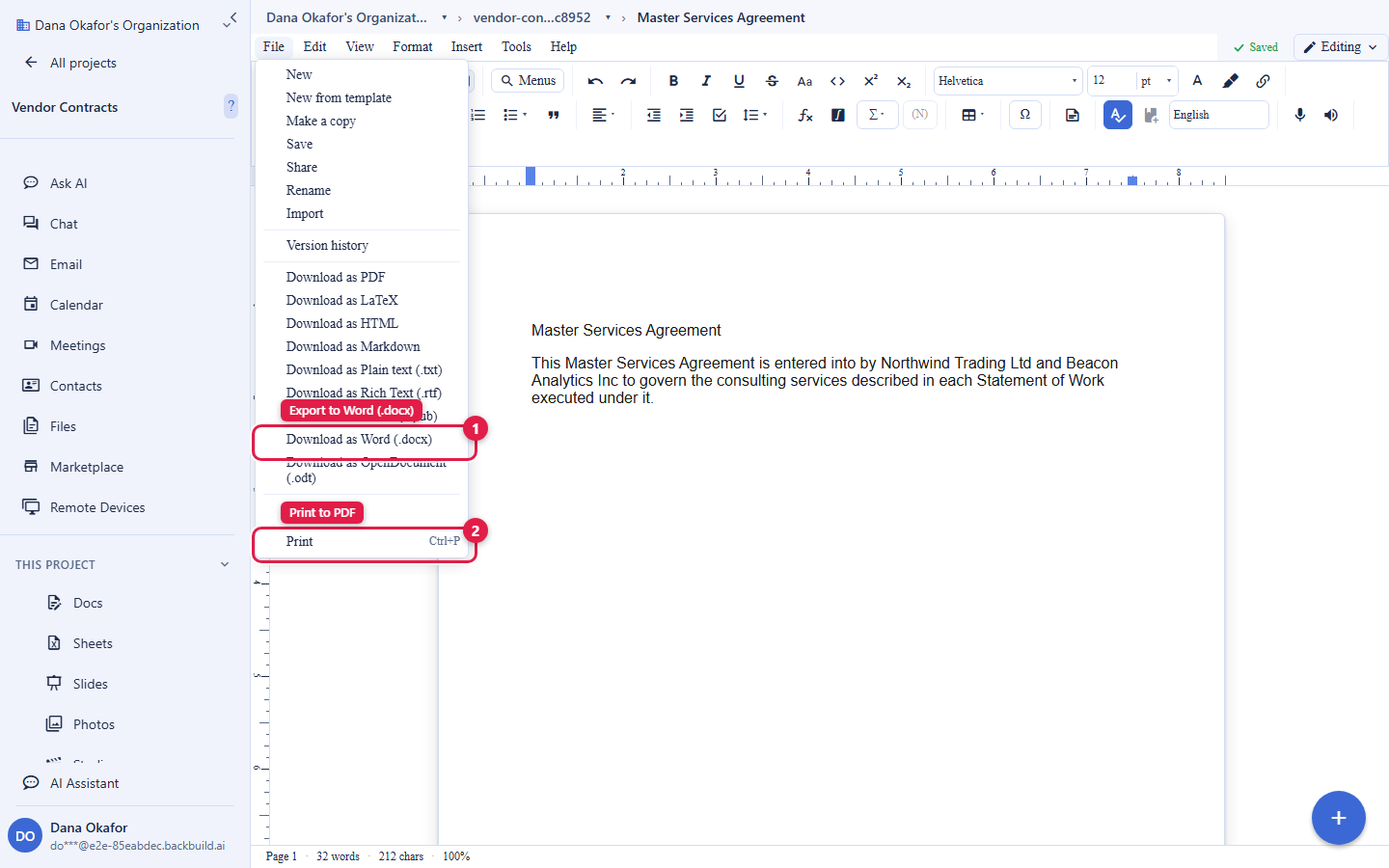 The Backbuild Docs File menu open, showing the full download list: Download as PDF, LaTeX, HTML, Markdown, Plain text, Rich Text, EPUB, Word (.docx), and OpenDocument (.odt). The Download as Word (.docx) item is circled and labelled Export to Word (.docx). The Print item, with its keyboard shortcut, is circled and labelled Print to PDF.