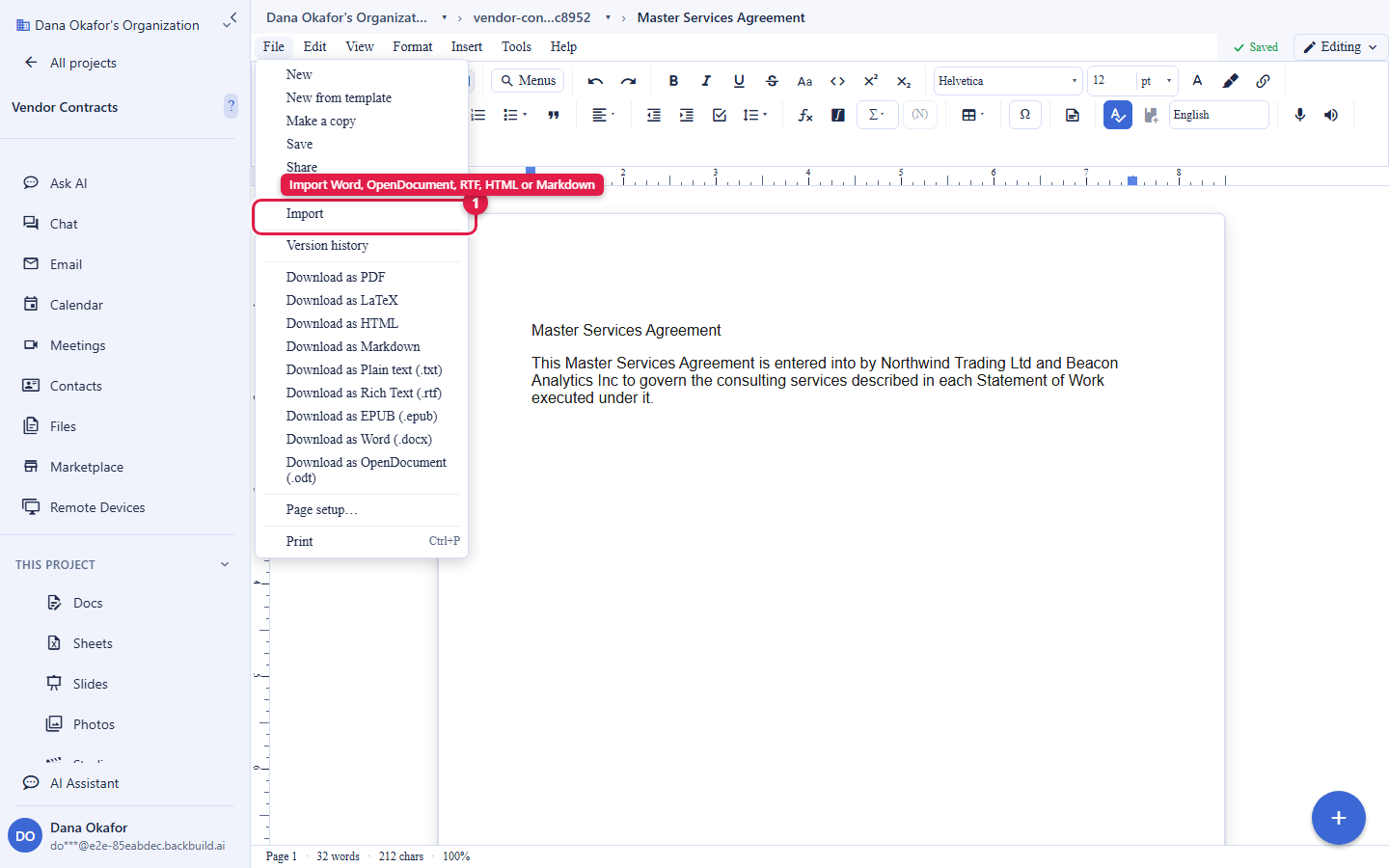 The Backbuild Docs editor with the File menu open. The Import item is circled and labelled Import Word, OpenDocument, RTF, HTML or Markdown. Behind the menu, an imported Master Services Agreement document shows a heading and a paragraph rendered as real structure in the editor.