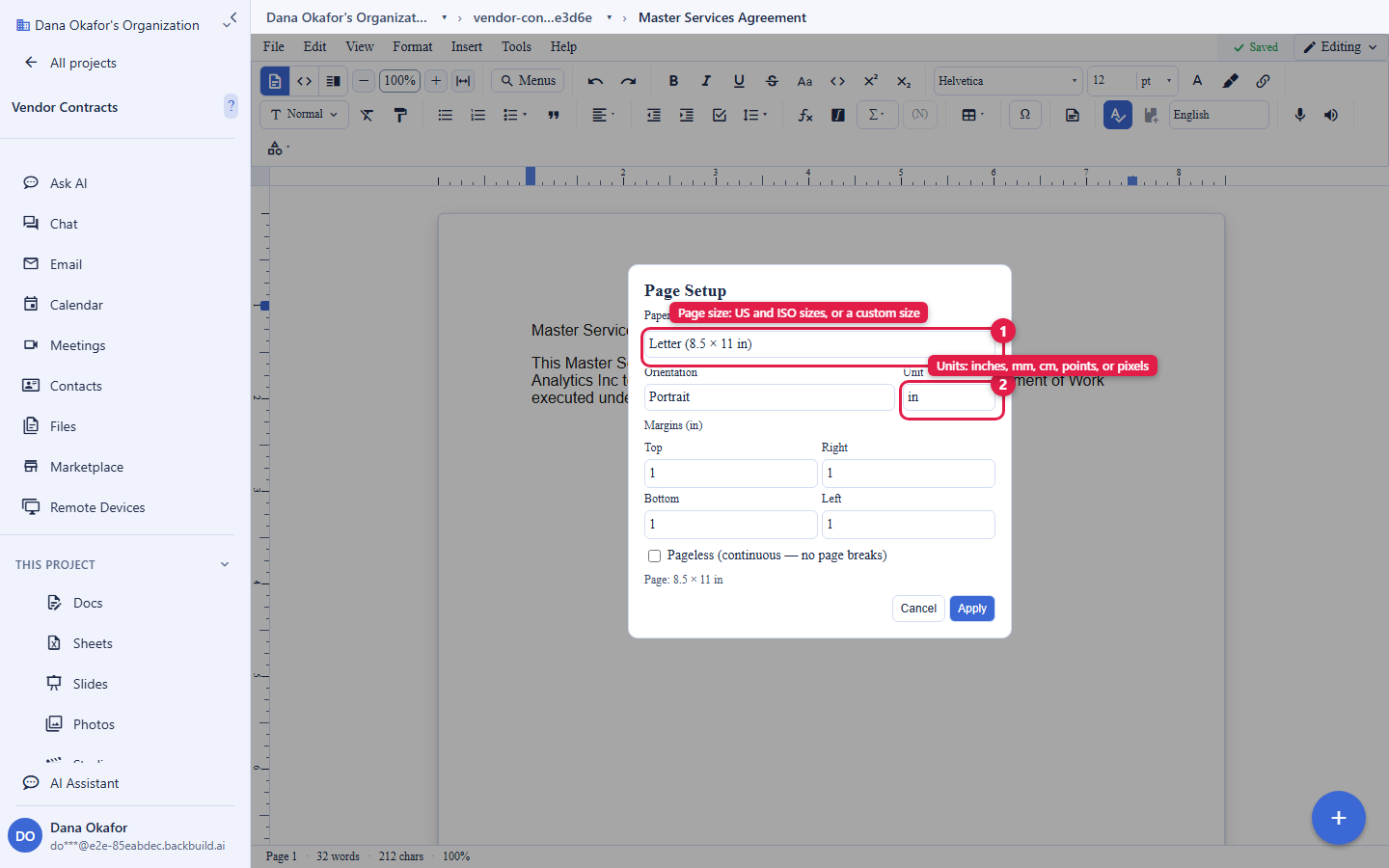 The Page Setup dialog open over a document. Two controls are circled and numbered: 1, the paper-size selector set to Letter (8.5 by 11 in), labelled Page size, US and ISO sizes, or a custom size; and 2, the unit selector set to in, labelled Units, inches, mm, cm, points, or pixels. Below them are the orientation control, the four per-side margin fields, and a Pageless (continuous, no page breaks) checkbox.