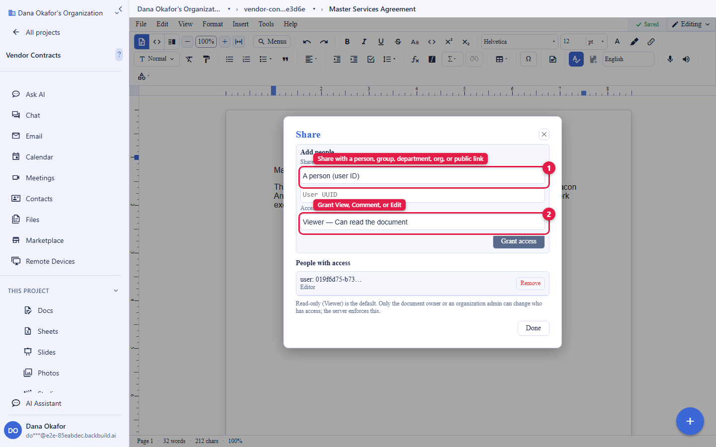 The Backbuild Docs share dialog open over a document. Two controls are circled and numbered: 1, the Share with selector, labelled Share with a person, group, department, org, or public link; and 2, the Access level selector, labelled Grant View, Comment, or Edit.