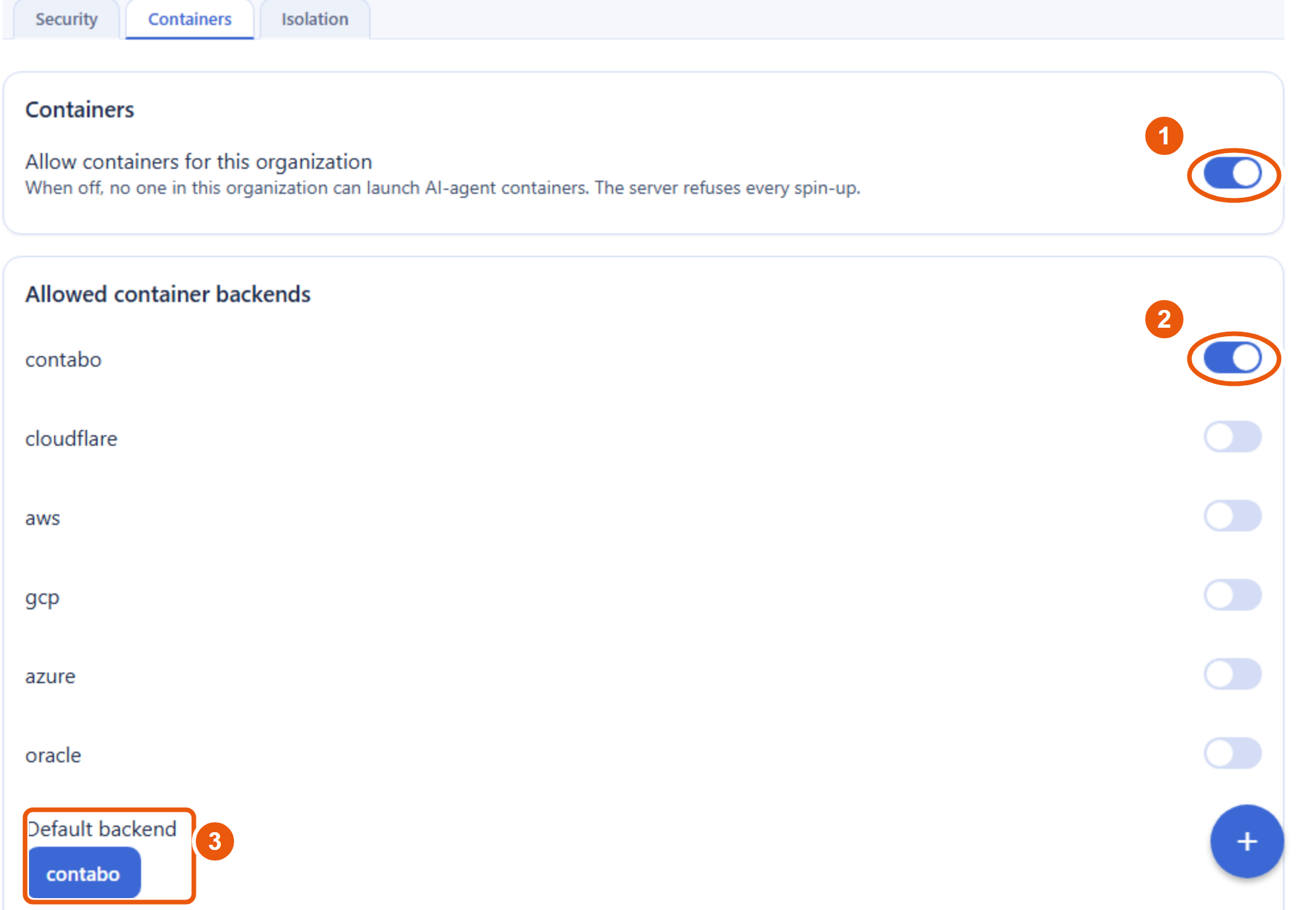 The container execution policy screen for an organization, on its Containers tab. Callout 1 marks the master Allow containers for this organization toggle, shown on, with a note that turning it off makes the server refuse every launch. Callout 2 marks the Allowed container backends list, a per-backend allow toggle for contabo, cloudflare, aws, gcp, azure, and oracle, with contabo enabled. Callout 3 marks the Default backend selector, set to contabo.