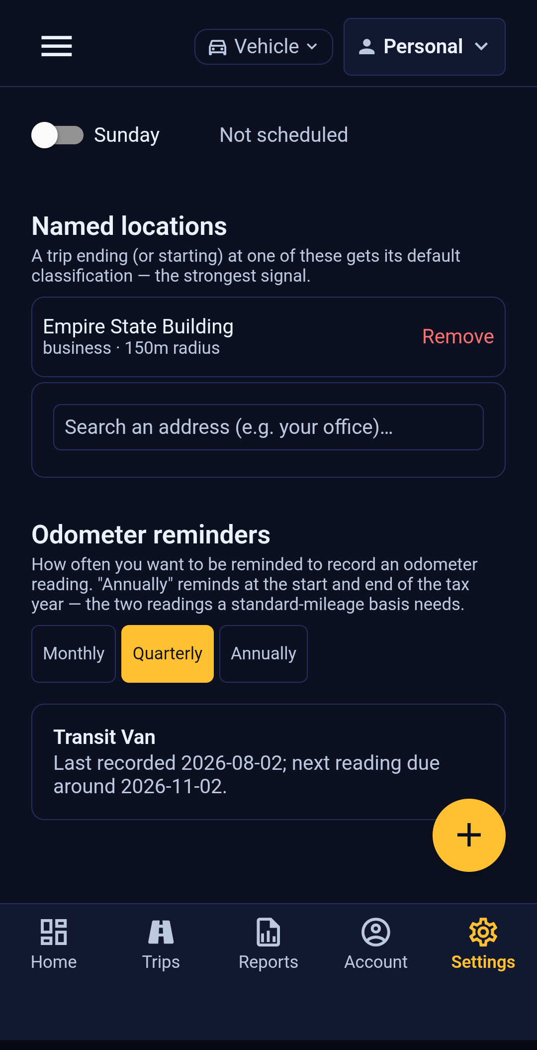 The Classification rules screen in Backbuild Miles, configured. The last weekday row reads Sunday, Not scheduled, with its toggle off. Under Named locations, one entry reads Empire State Building, business, 150m radius, with a Remove action, above a field prompting Search an address, for example your office. Under Odometer reminders, Quarterly is selected of Monthly, Quarterly and Annually, and a card for Transit Van reads Last recorded 2026-08-02; next reading due around 2026-11-02.