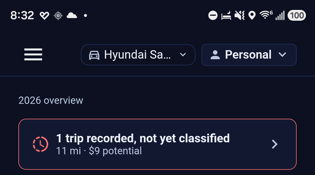 The top of the Backbuild Miles dashboard with one drive waiting. A prompt outlined in red reads 1 trip recorded, not yet classified, with 11 mi and $9 potential beneath it, and a chevron on the right that opens the list.