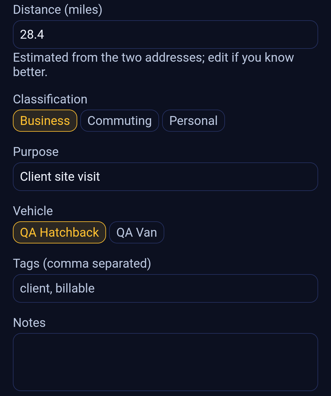 The lower half of a filled-in Add a trip form in Backbuild Miles, in the app's dark theme. Reading down the screen: Distance (miles) reading 28.4 with the note Estimated from the two addresses, edit if you know better; the Classification row with Business selected; a Purpose field reading Client site visit; a Vehicle row with QA Hatchback selected and QA Van unselected; a Tags field reading client, billable; and an empty Notes box.