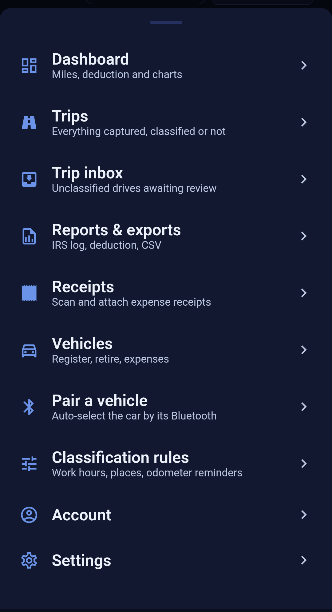 The Backbuild Miles navigation menu open as a sheet over the app, listing ten destinations in order: Dashboard, Trips, Trip inbox, Reports and exports, Receipts, Vehicles, Pair a vehicle, Classification rules, Account, and Settings. Each entry has an icon on the left, a title, a short description underneath, and a chevron on the right.
