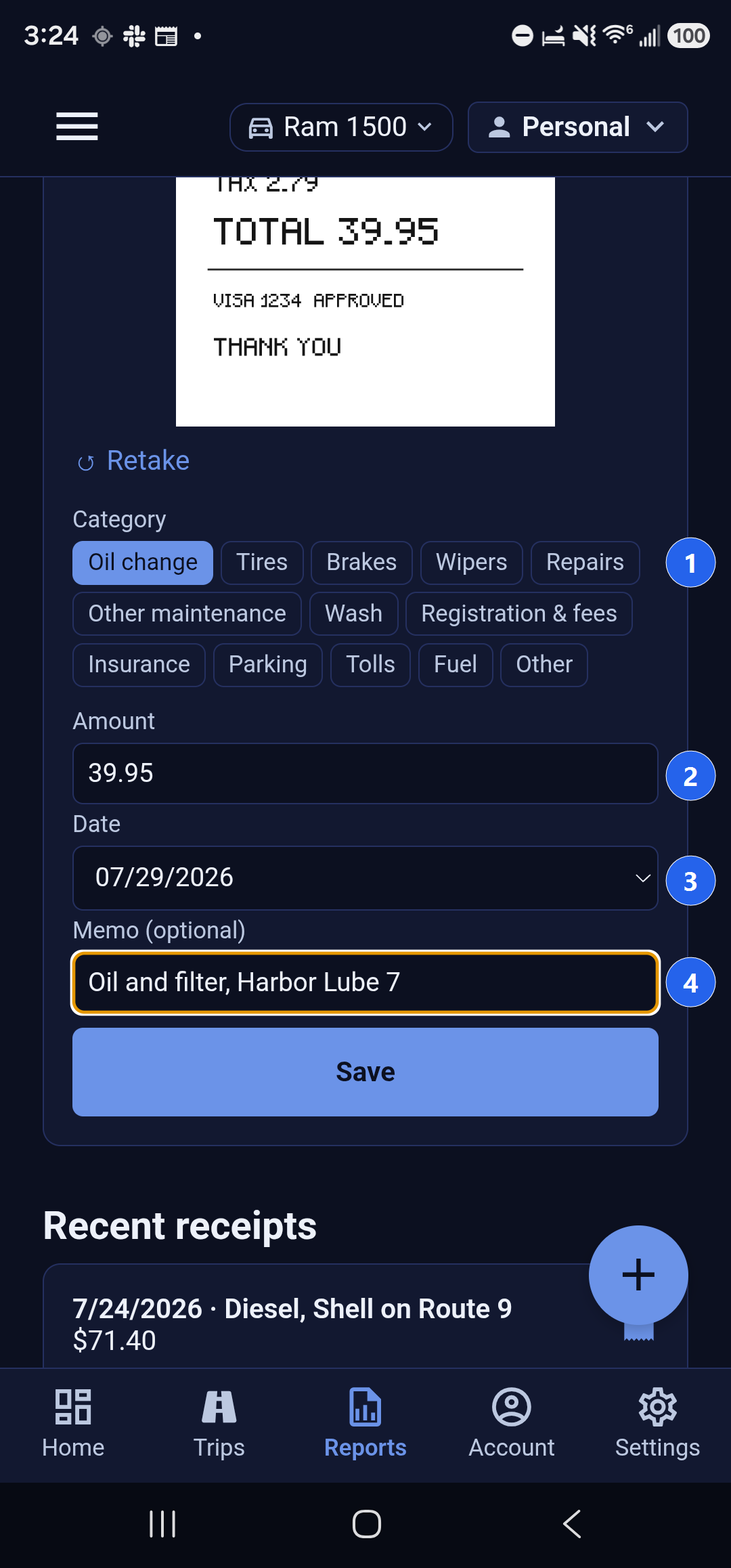 The attach form in Backbuild Miles with a photographed receipt above it. Callout 1 marks the Category chips, with Oil change selected. Callout 2 marks the Amount field reading 39.95. Callout 3 marks the Date field reading 07 slash 29 slash 2026. Callout 4 marks the Memo field reading Oil and filter, Harbor Lube 7, above the Save button.