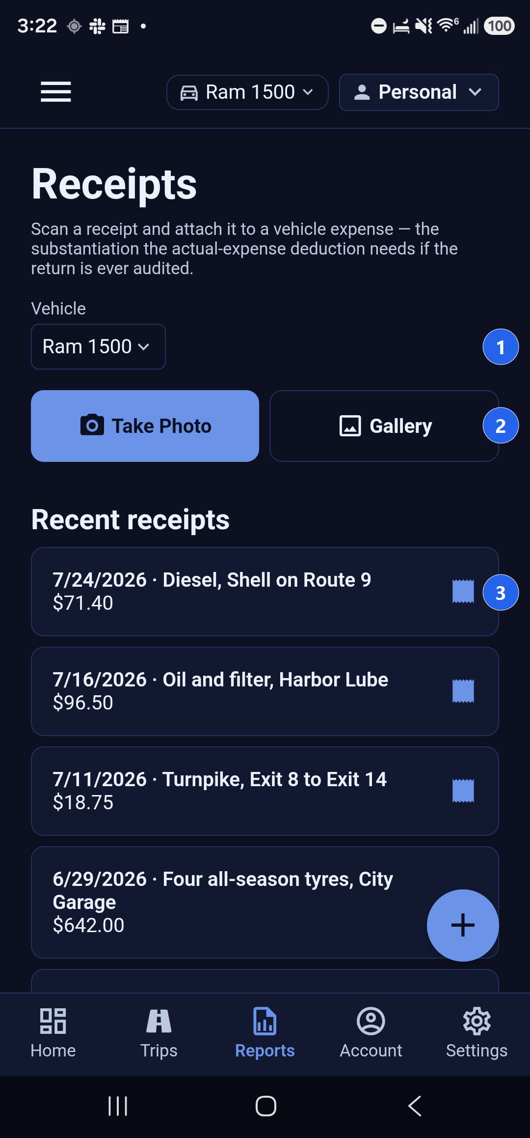 The Receipts screen in Backbuild Miles. Callout 1 marks the Vehicle picker reading Ram 1500. Callout 2 marks the Take Photo and Gallery buttons. Callout 3 marks the first card under Recent receipts, reading 7 slash 24 slash 2026, Diesel, Shell on Route 9, 71 dollars 40.
