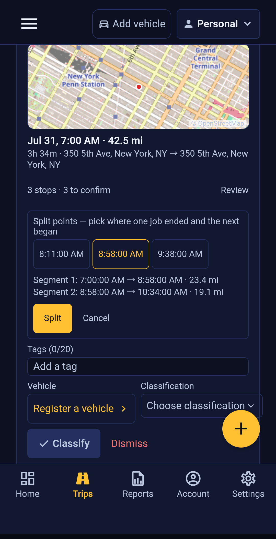 The split panel open on a captured drive in Backbuild Miles. The trip card above it reads Jul 31, 7:00 AM, 42.5 mi, 3h 34m, from 350 5th Ave, New York, NY back to the same address, with a line reading 3 stops, 3 to confirm and a Review control. The panel is headed Split points, pick where one job ended and the next began, and offers three times: 8:11:00 AM, 8:58:00 AM and 9:38:00 AM. The middle one is selected and highlighted. Below the times the preview reads Segment 1: 7:00:00 AM to 8:58:00 AM, 23.4 mi and Segment 2: 8:58:00 AM to 10:34:00 AM, 19.1 mi. A Split button and a Cancel action sit under the preview.