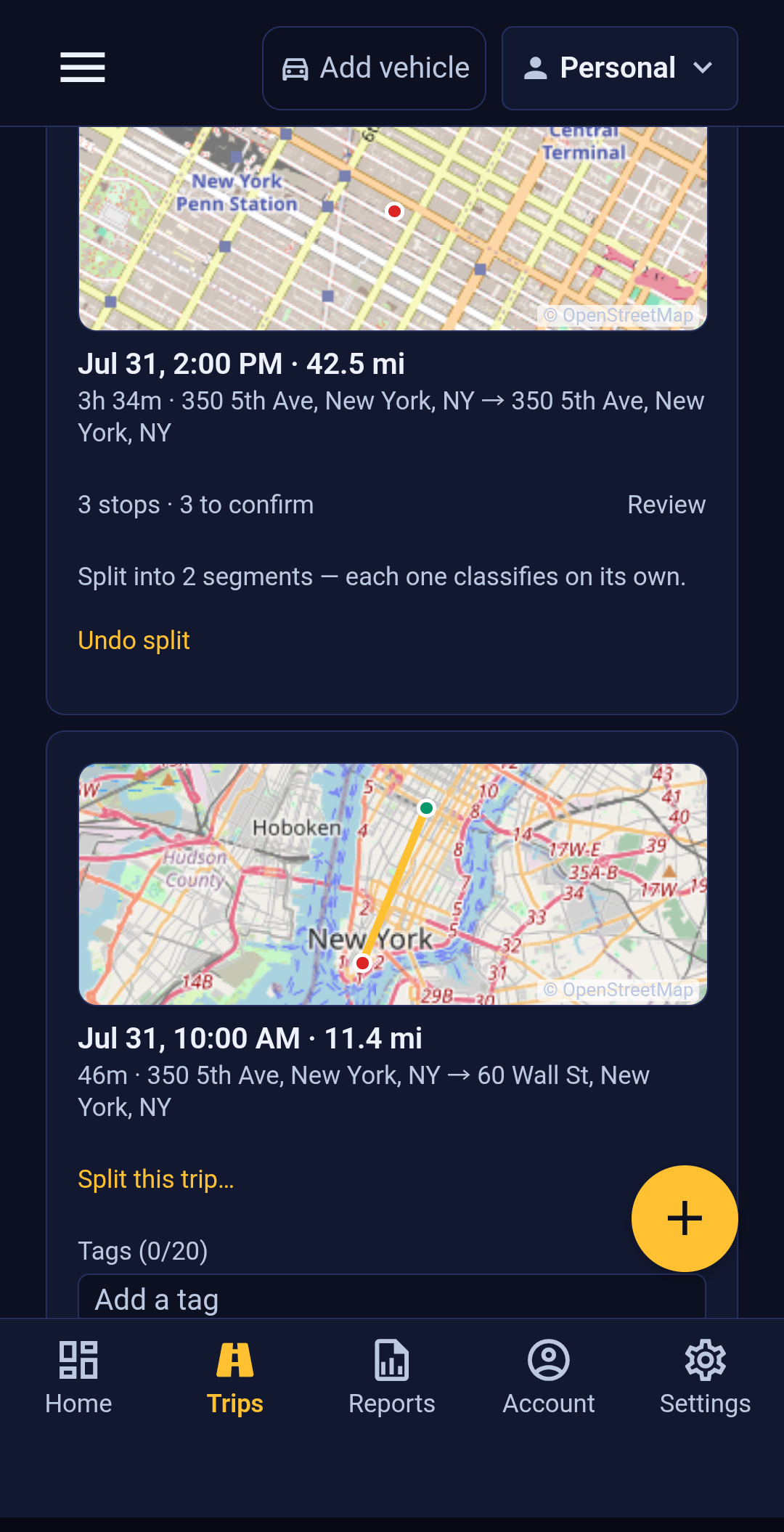 A drive in the Backbuild Miles trip inbox after it has been split. The card reads Jul 31, 2:00 PM, 42.5 mi, 3h 34m, with its addresses and a line reading 3 stops, 3 to confirm. Below that it reads Split into 2 segments, each one classifies on its own, with an Undo split action underneath. A second, unsplit drive follows below it offering Split this trip.