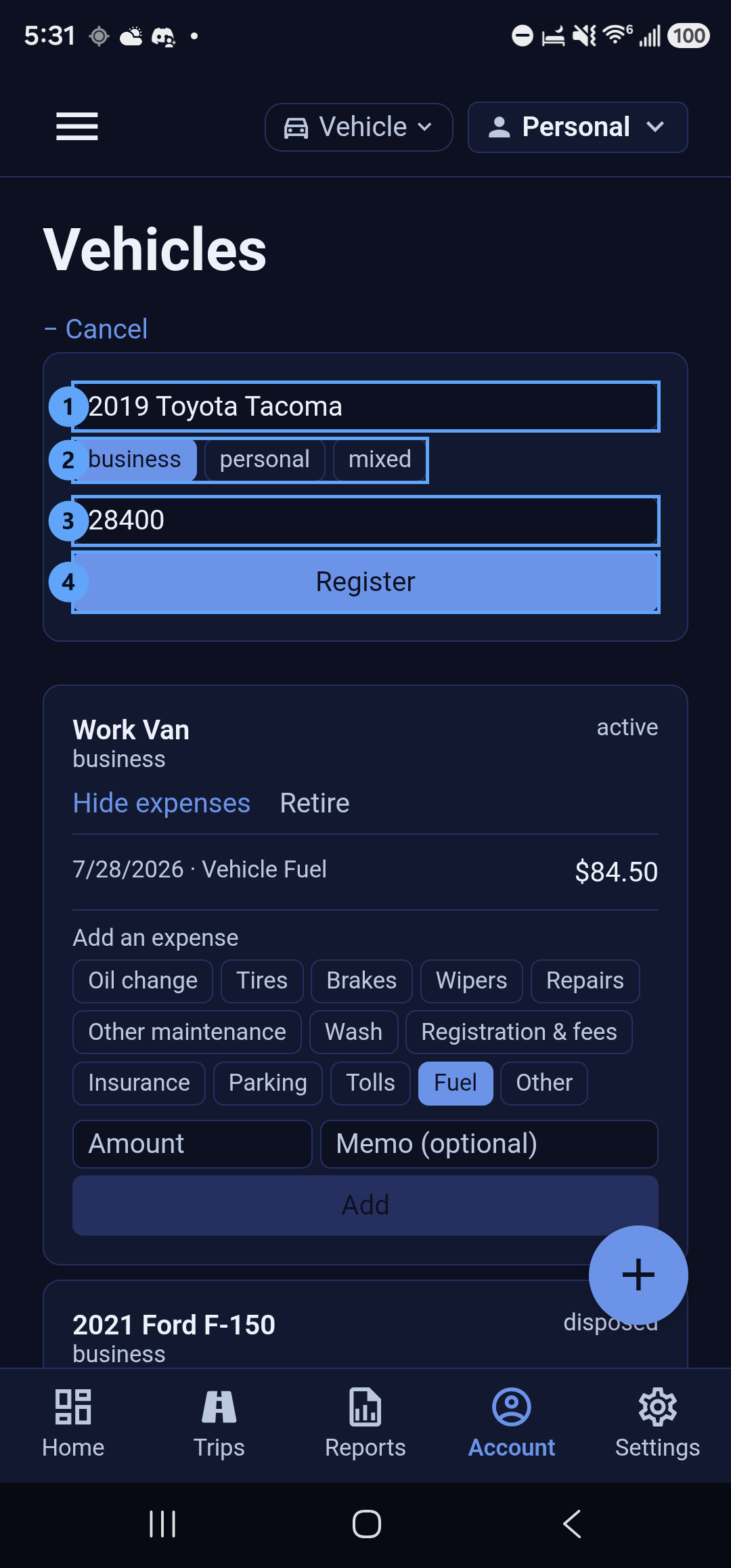 The vehicle registration form in Backbuild Miles. Callout 1 marks the name field reading 2019 Toyota Tacoma. Callout 2 marks the use type chips, business, personal and mixed, with business selected. Callout 3 marks the purchase price field reading 28400. Callout 4 marks the Register button.
