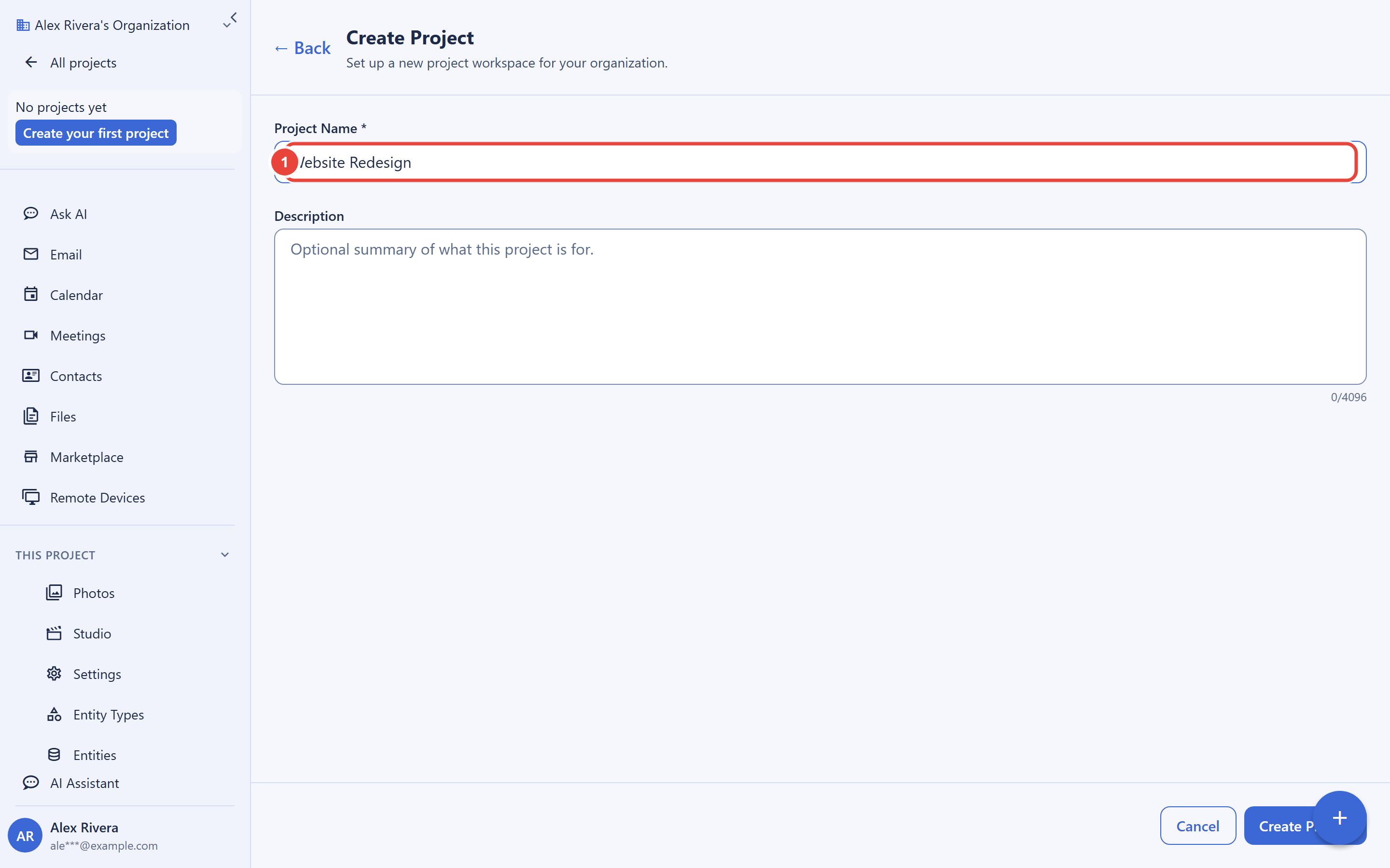 The Create Project screen with the Project Name field highlighted and filled in with an example name. An optional Description field sits below it, with Cancel and Create Project actions at the bottom.