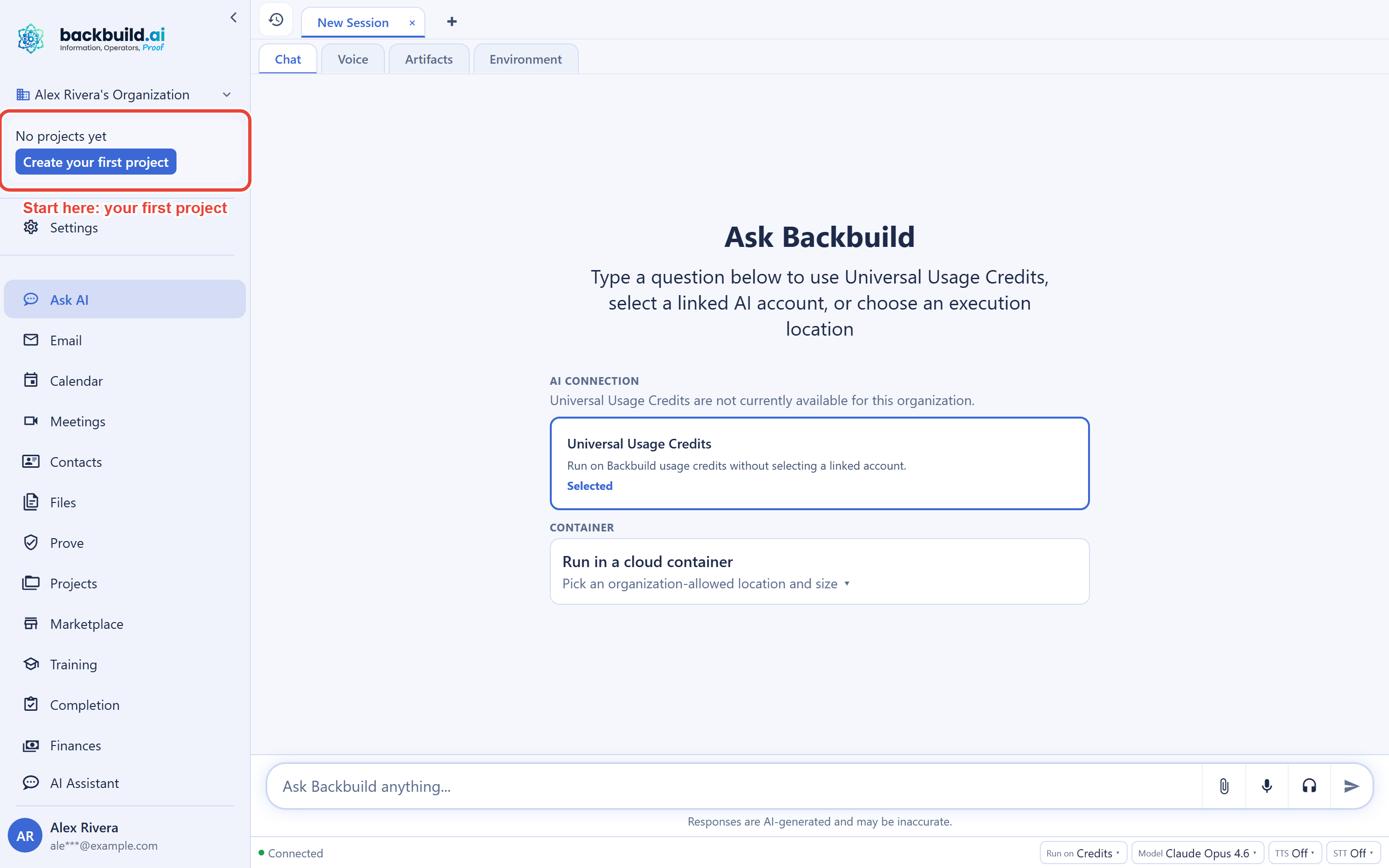 The workspace immediately after signup. The sidebar lists Ask AI, Email, Calendar, Meetings, Contacts, Files, Prove, Projects, Marketplace, Training, Finances, and more. The project panel at the top of the sidebar is highlighted with the prompt to create your first project.