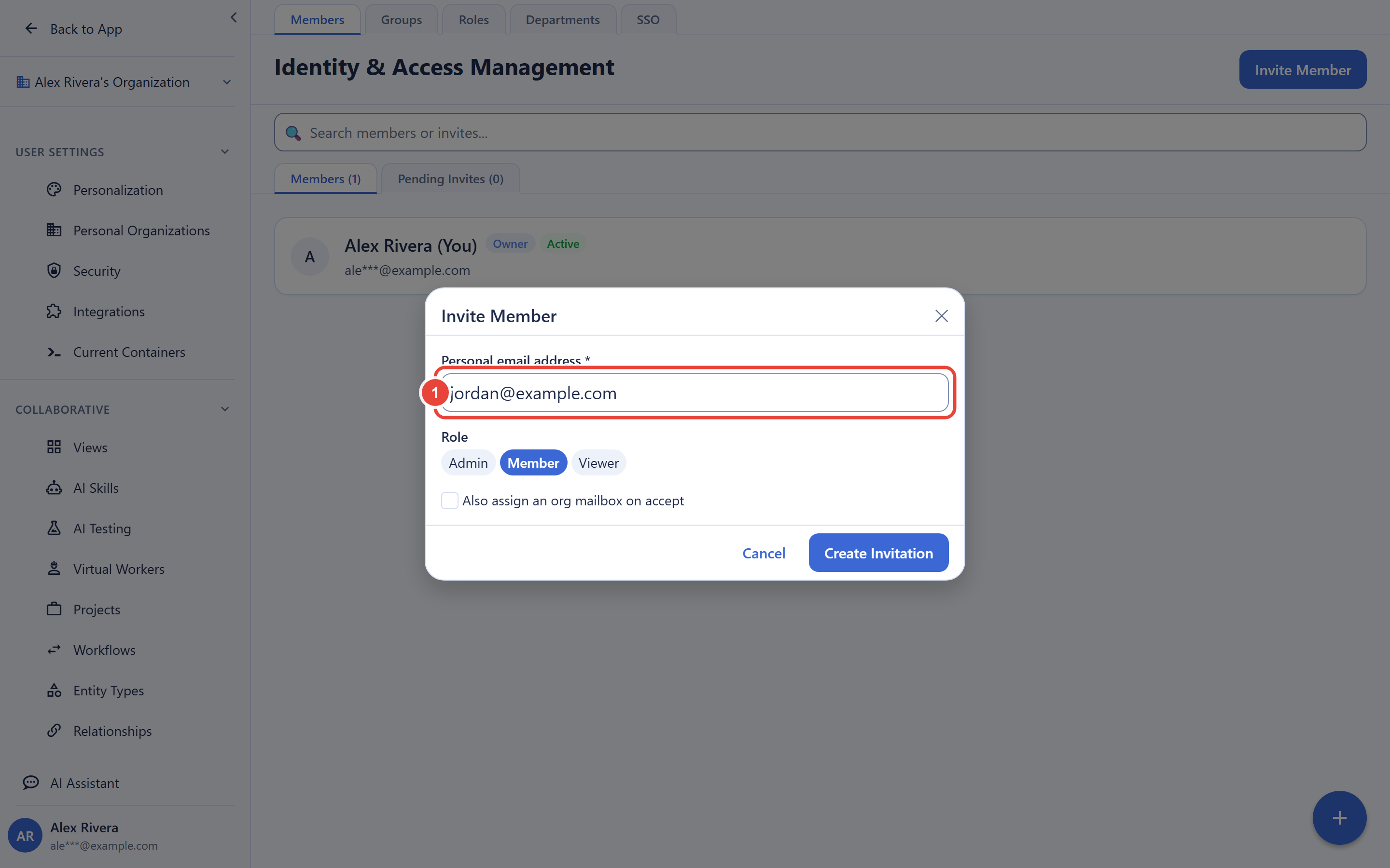 The Invite Member dialog on the Identity and Access Management screen. The personal email address field is highlighted and filled with an example address. Below it are role choices for Admin, Member, and Viewer, and a Create Invitation button.