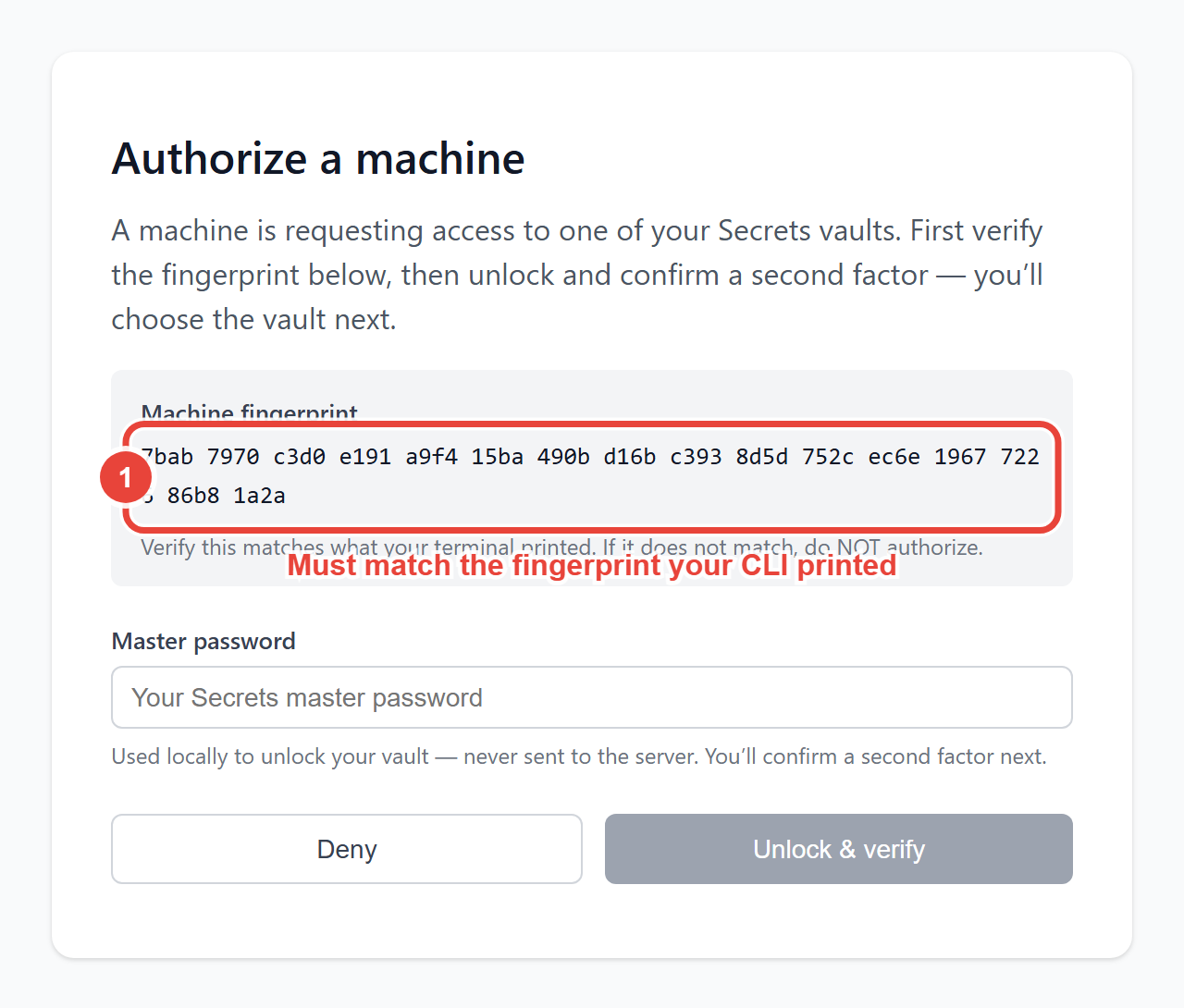 The Authorize a machine consent page. The requesting machine's fingerprint is highlighted with a callout stating it must match the fingerprint your CLI printed. Below it are the master password field, a Deny button, and an Unlock and verify button.
