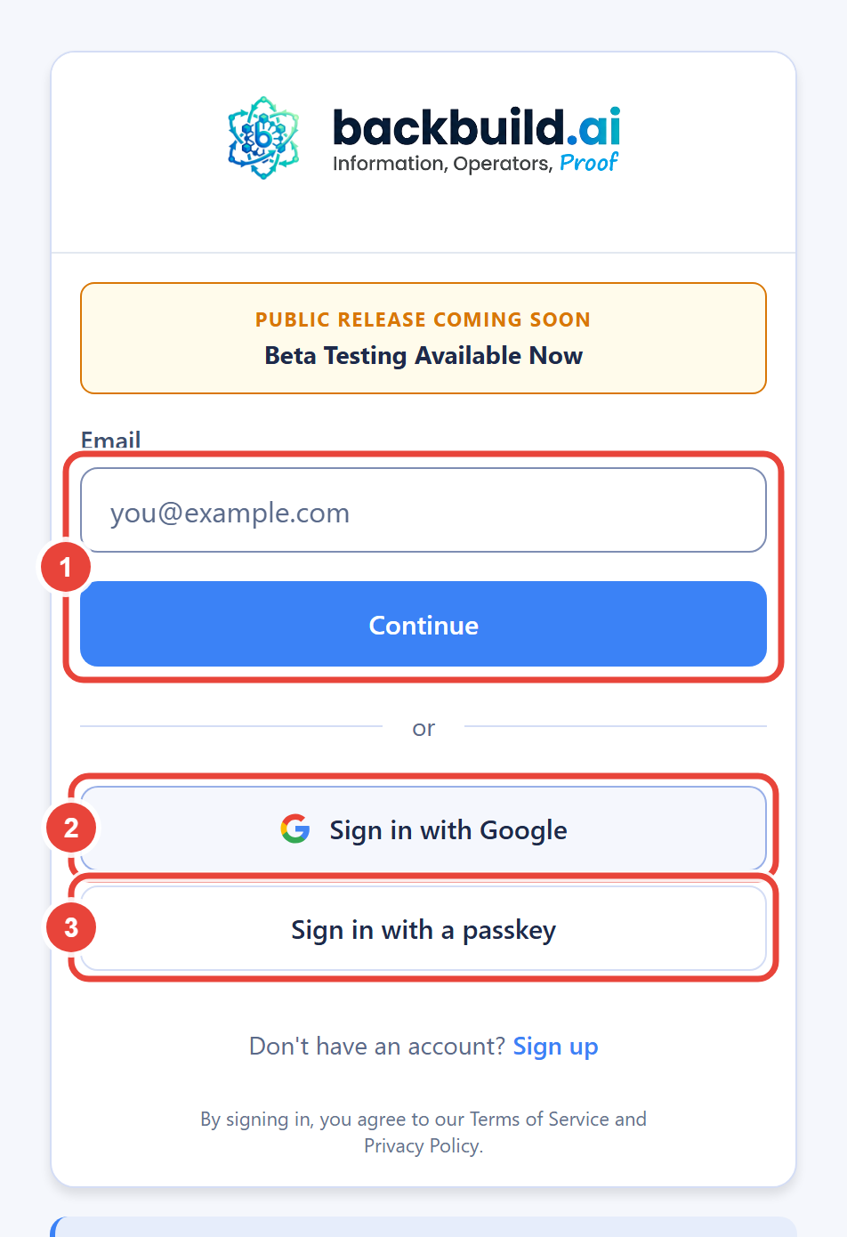 The sign-in screen with three numbered callouts: 1 marks the email field with its Continue button, 2 marks the Sign in with Google button, and 3 marks the Sign in with a passkey button.