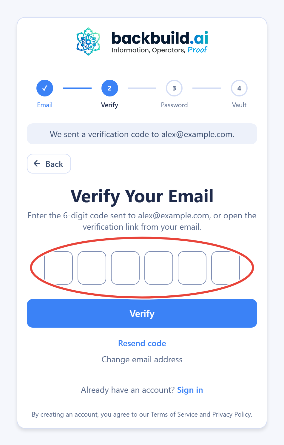 The Verify Your Email screen with the six single-digit code boxes circled. Below the boxes are a Verify button, a Resend code link, and a Change email address option.