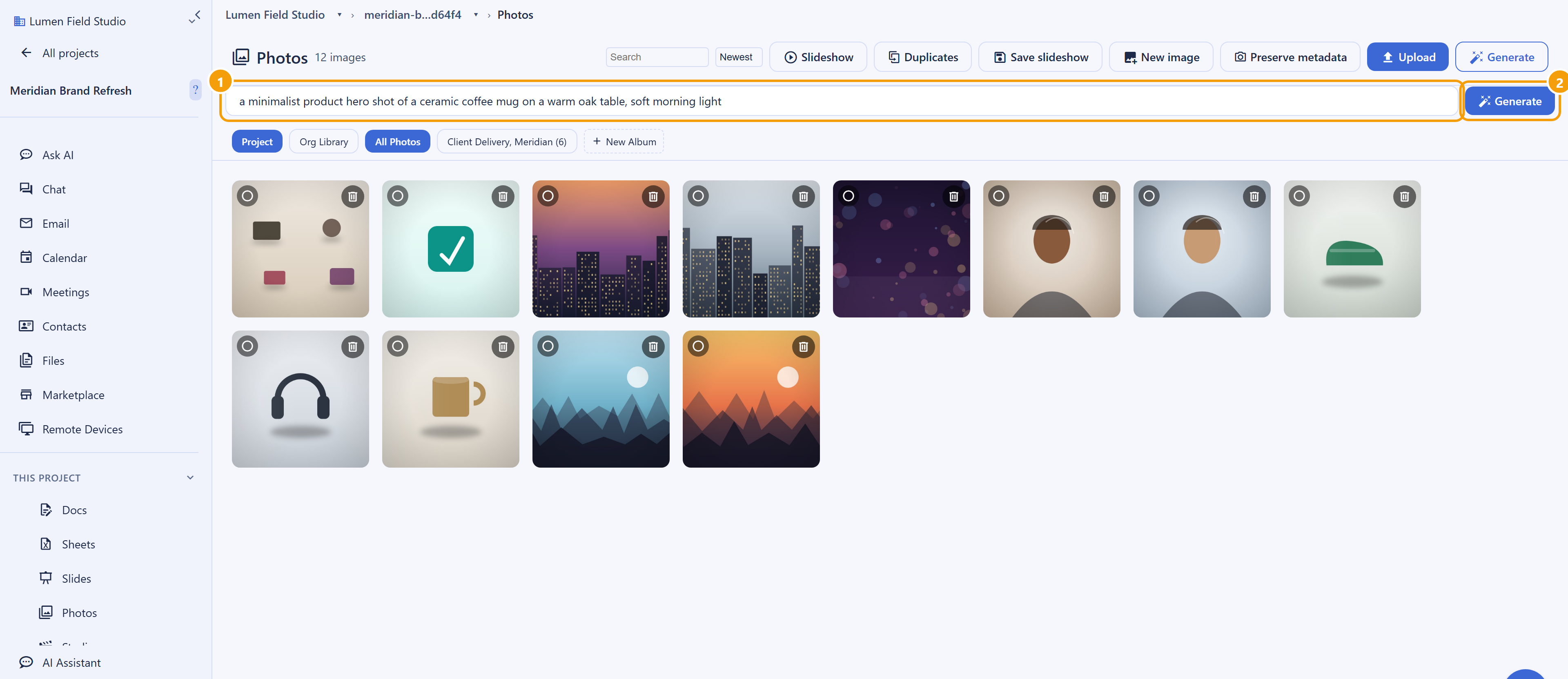 The AI generate panel open over the Backbuild Photos gallery, with a descriptive text prompt typed into the prompt field. Callout 1 marks the prompt field and callout 2 marks the Generate button.