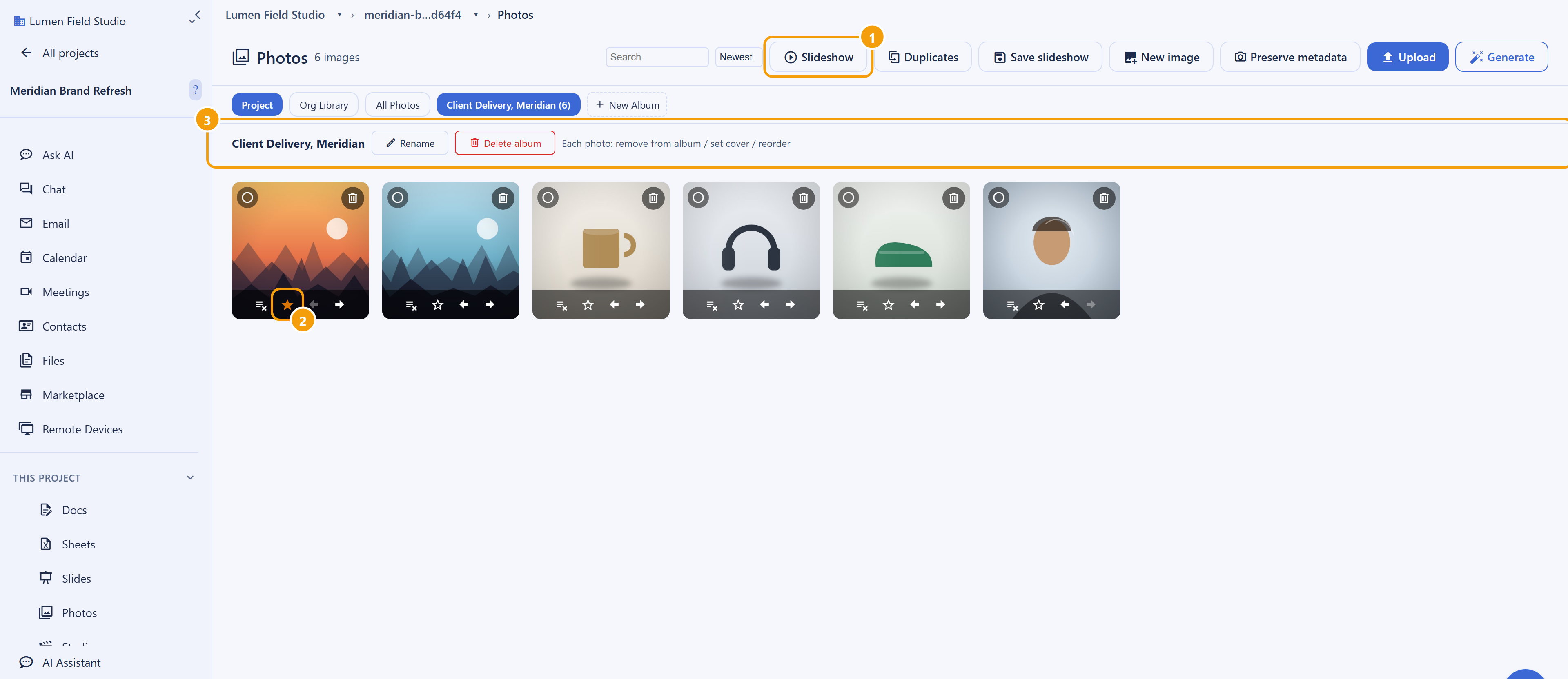 An open album in Backbuild Photos showing its ordered photos, the cover photo marked with a star, the Slideshow control in the header, and the album toolbar with Rename and Delete. Callout 1 marks the Slideshow control, callout 2 the cover star, and callout 3 the album toolbar.