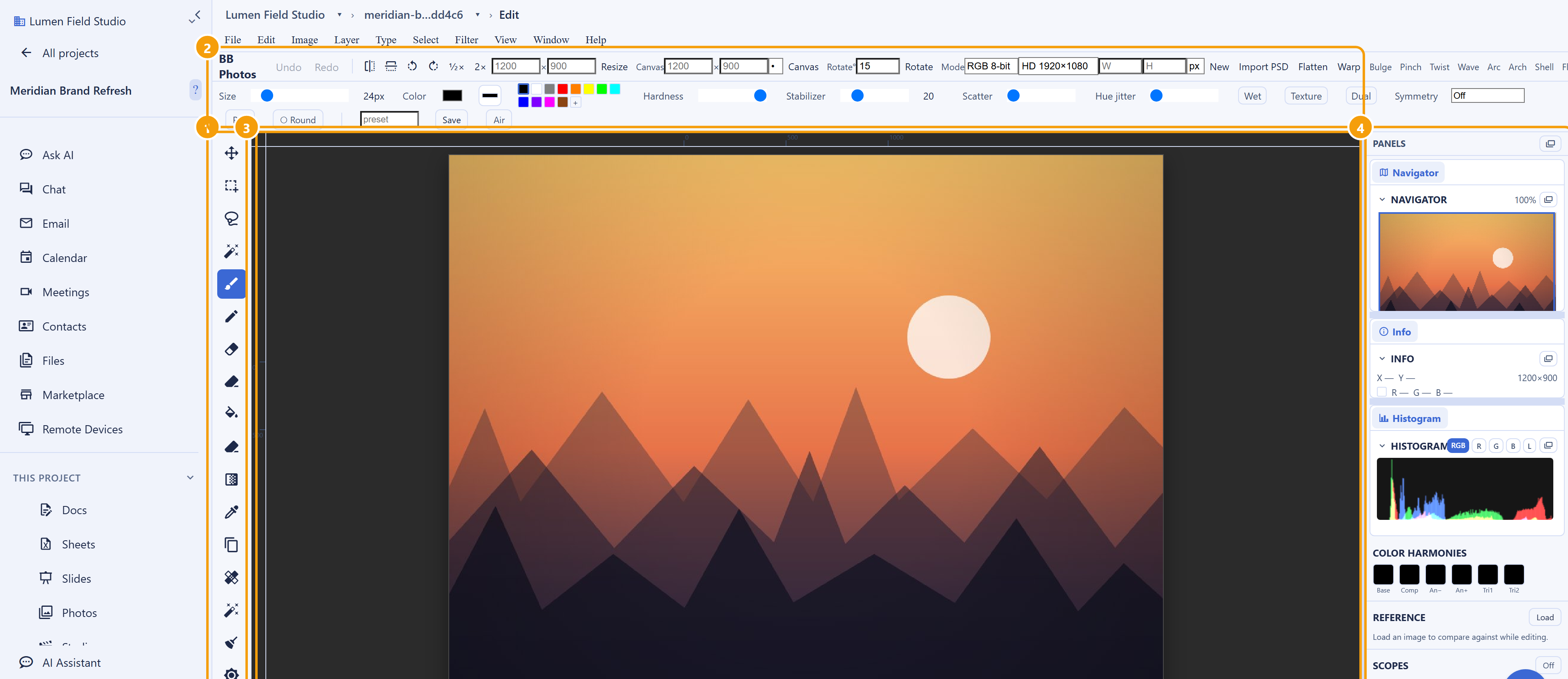 The Backbuild Photos editor open on an image. Callout 1 marks the vertical tool palette down the left edge. Callout 2 marks the menu bar and the active tool's options bar across the top. Callout 3 marks the canvas with rulers. Callout 4 marks the tear-off panel stack on the right, here showing the Navigator, Info, and Histogram.