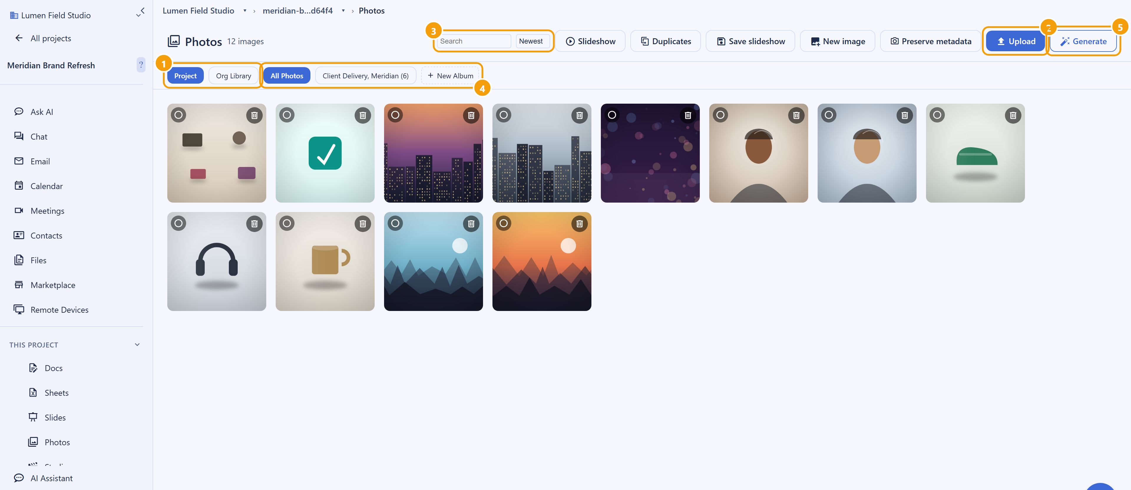 The Backbuild Photos gallery open on a project library showing a grid of thumbnails. Callout 1 marks the scope toggle that switches the gallery between the Project library and the Org Library. Callout 2 marks the Upload button. Callout 3 marks the search box and sort control. Callout 4 marks the albums strip. Callout 5 marks the Generate with AI button.