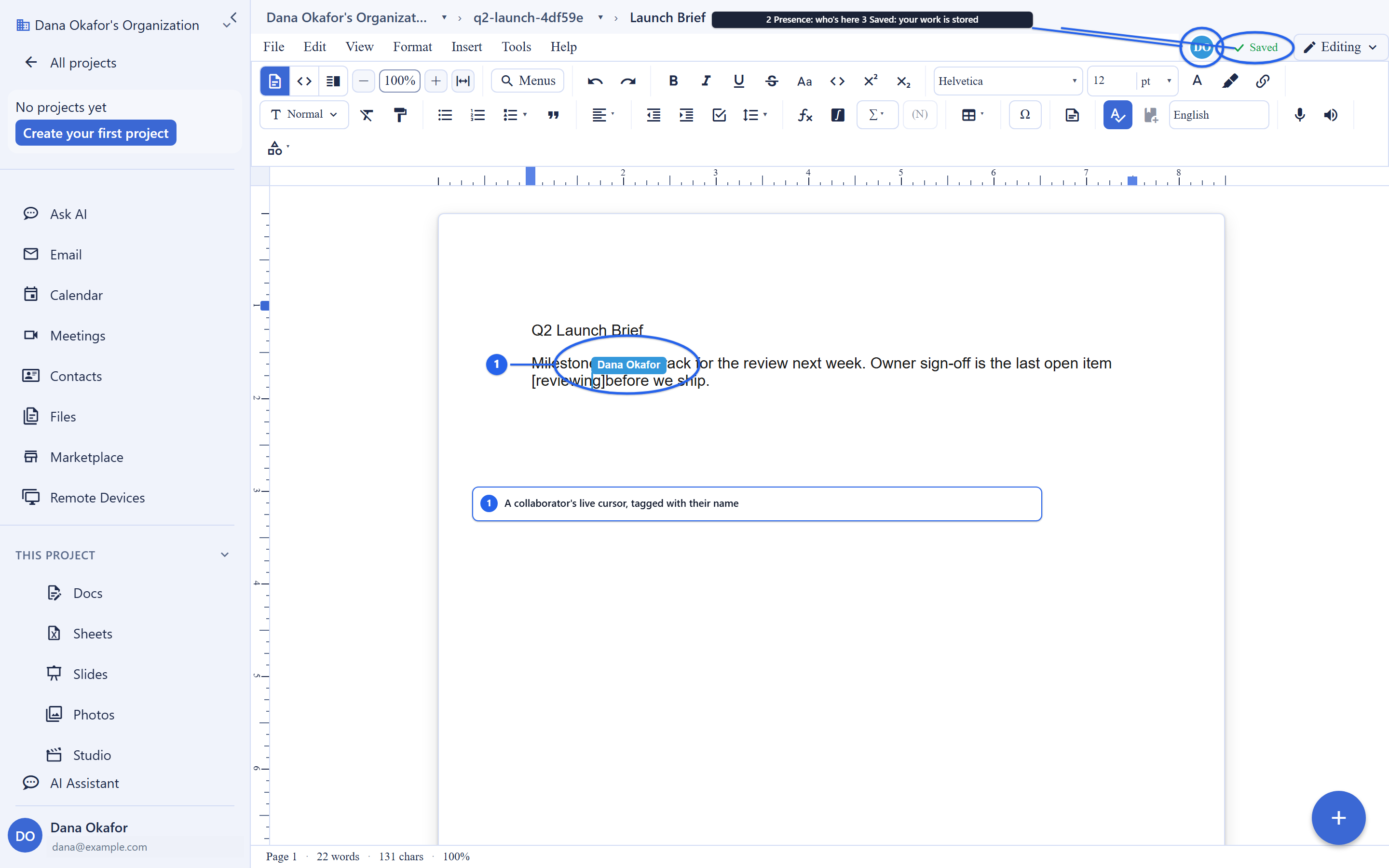 The Backbuild Docs editor with a document open and two connections editing it live. In the body text, callout 1 circles a collaborator's colored live cursor tagged with their name, Dana Okafor, sitting mid-sentence. In the top bar, callout 2 marks the presence avatar showing who is currently in the document, and callout 3 marks the sync-status indicator reading Saved, confirming the work is stored.