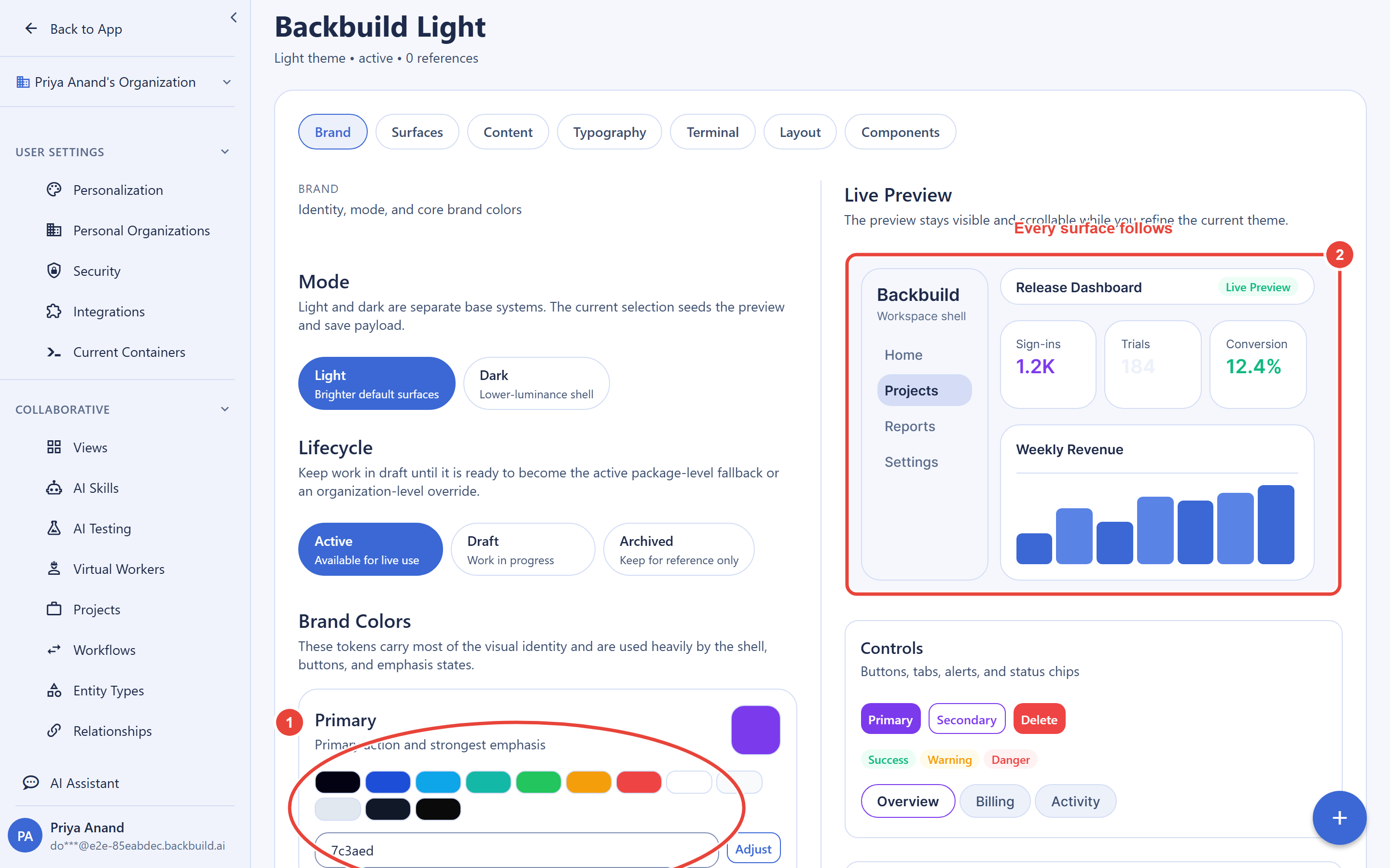 The Theme Studio editor. On the left, the Brand tab with the Primary color control circled and callout 1: its swatch and hex field now read 7c3aed. On the right, callout 2 marks the Live Preview panel, whose workspace shell, active navigation item, and headline metric have all turned the same purple. A label reads: every surface follows.