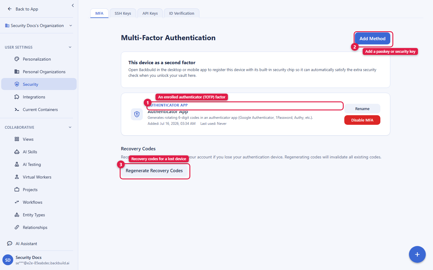 The Multi-Factor Authentication settings screen. Callout 1 marks an enrolled Authenticator App factor, described as generating rotating six-digit codes in an app such as Google Authenticator, 1Password, or Authy, noting it is an enrolled authenticator, or TOTP, factor. Callout 2 marks the Add Method button, noting you can add a passkey or security key. Callout 3 marks the Regenerate Recovery Codes control in the Recovery Codes section, noting recovery codes are for a lost device.